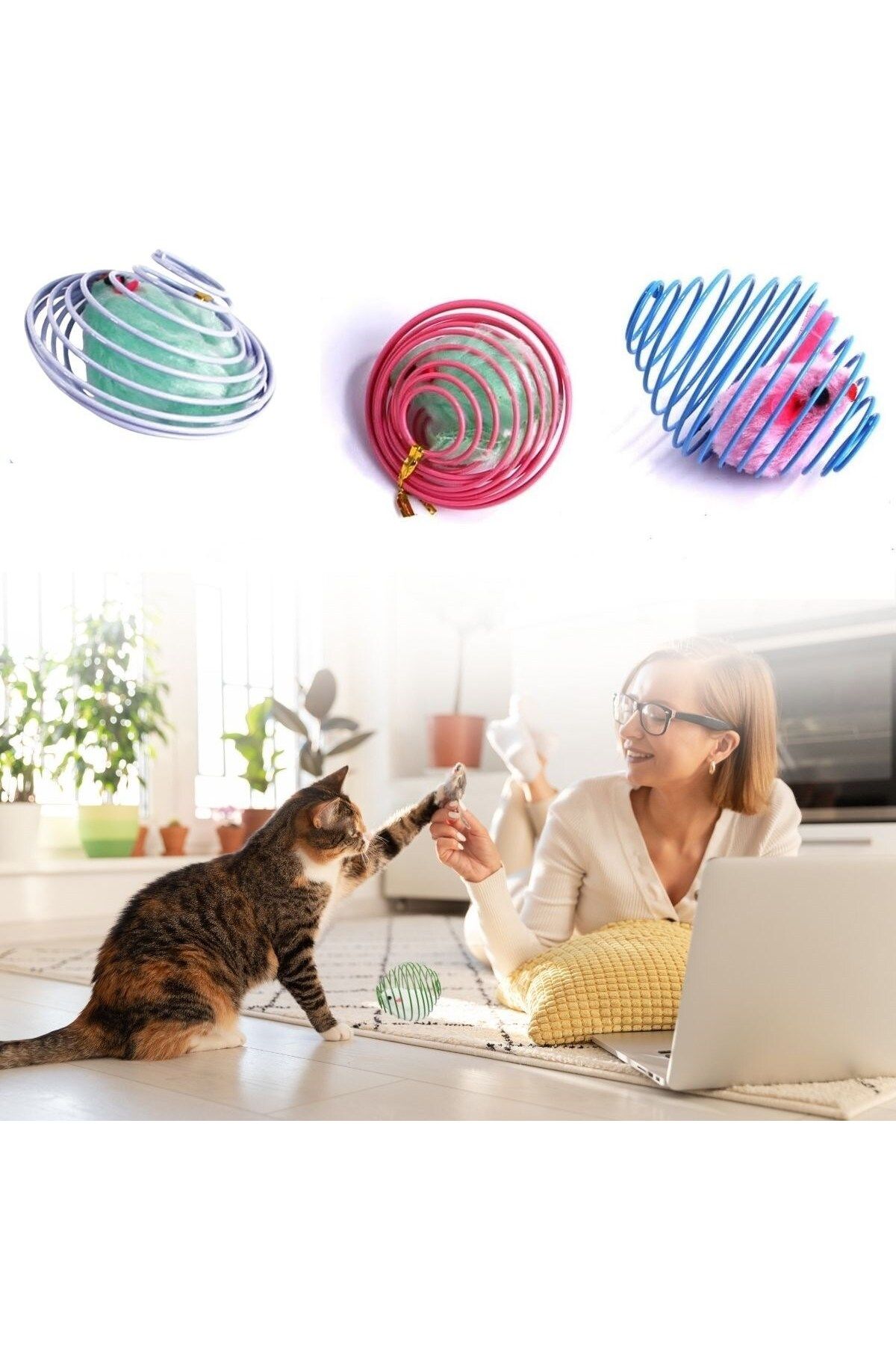 Nurum E Tİcaret Yaylı Metal Fareli Kafes Kedi Oyun Topu Sıçrayan Spiral Kedi Topu