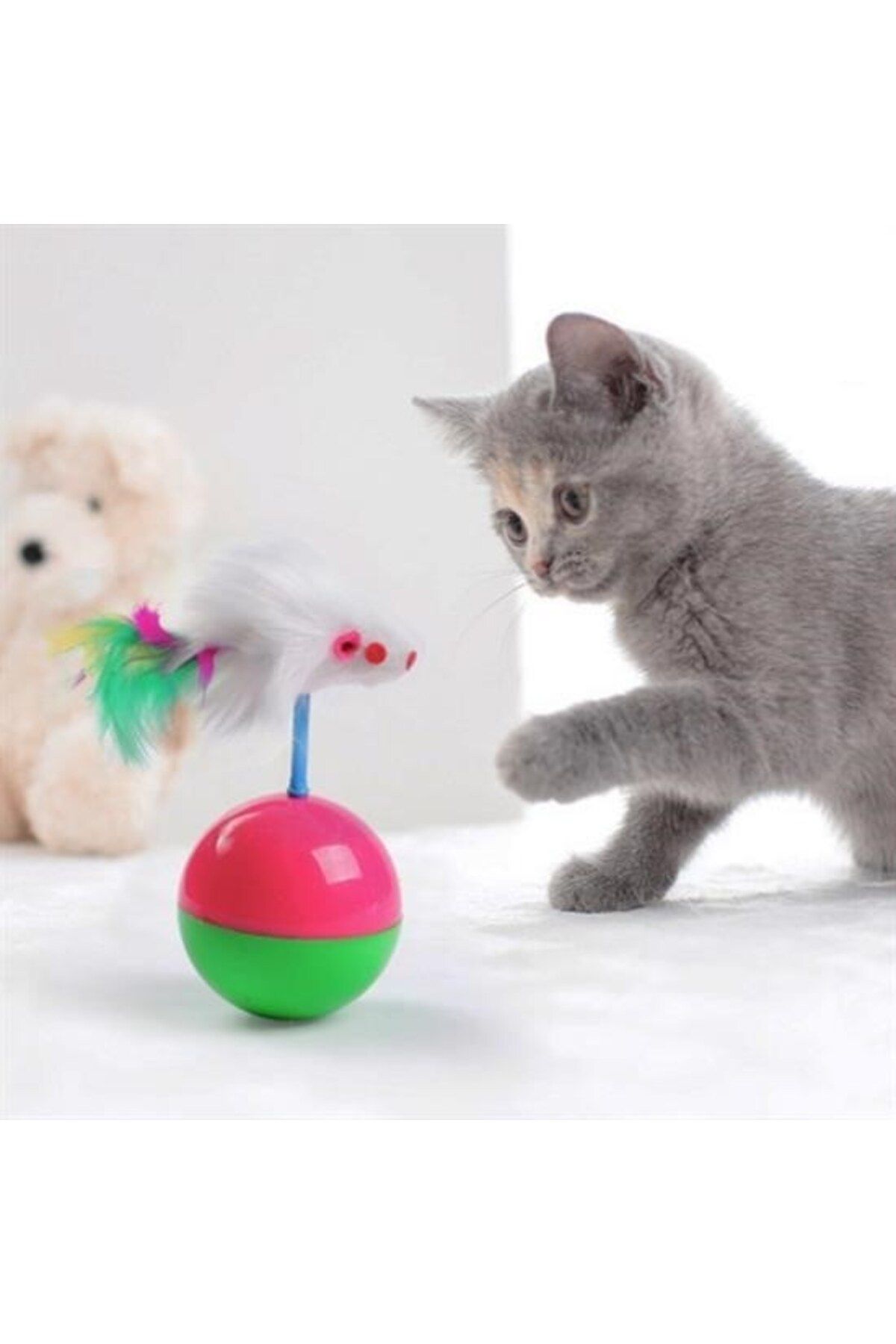 COLLECTİON Kedi Oyun Topu Tüylü Fareli Hacı Yatmaz Eğitici Yavru Kedi Fare Kovalama Oyuncağı