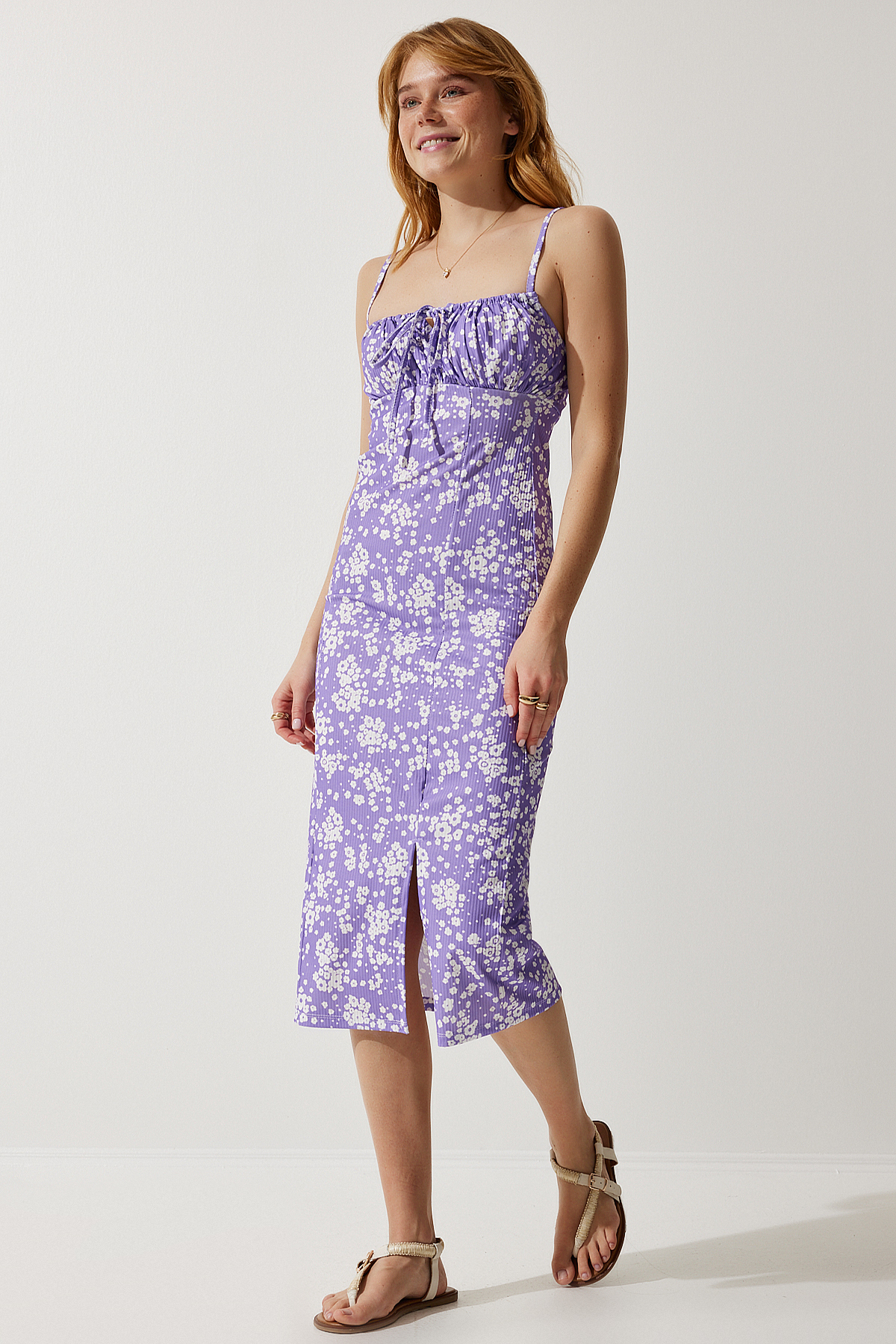 Floral Patterned Slit Summer Knitted Dress DARK LILAC LCI0003