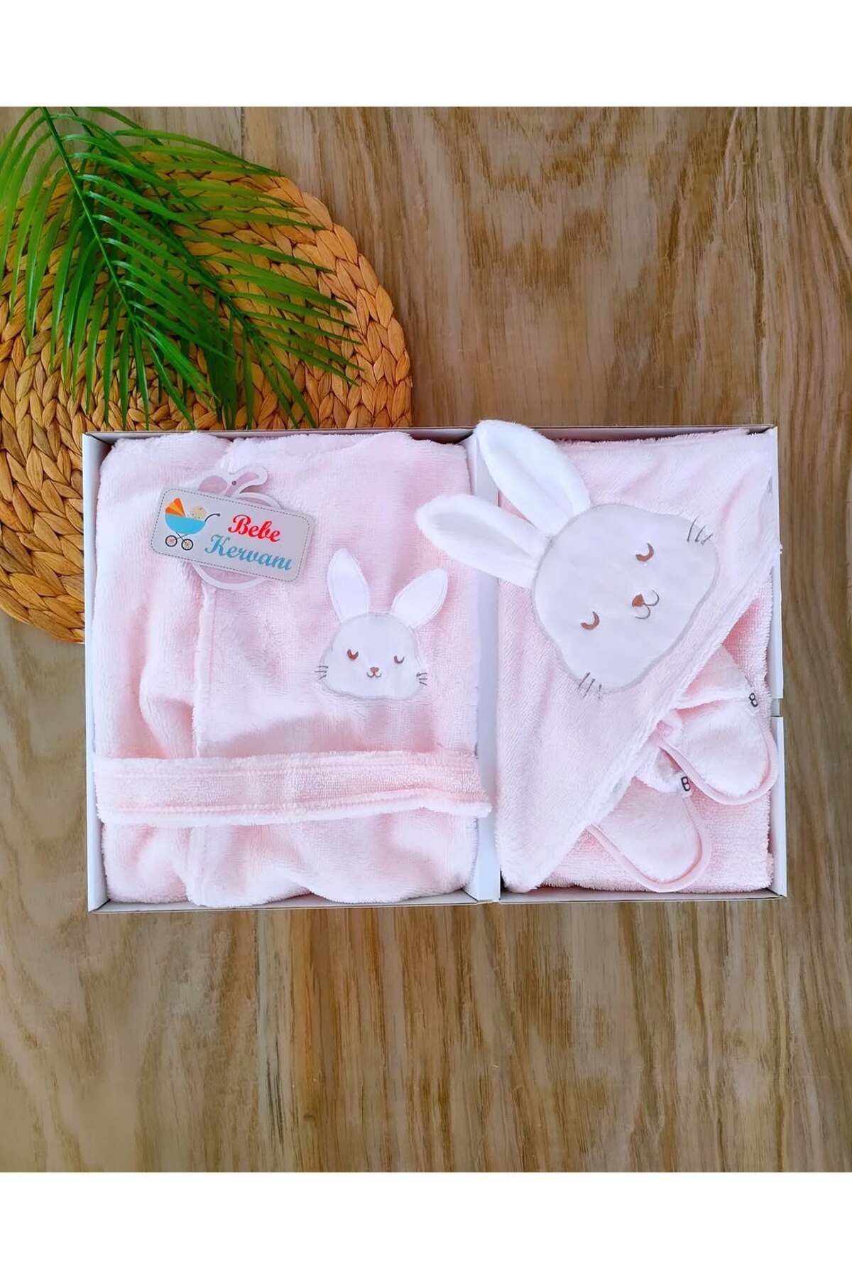 bebe kervanı Kız Bebek Pembe % 100 Pamuklu Naturel Tavşan Kulaklı Bornoz Takımı 0-2 Yaş Bebek