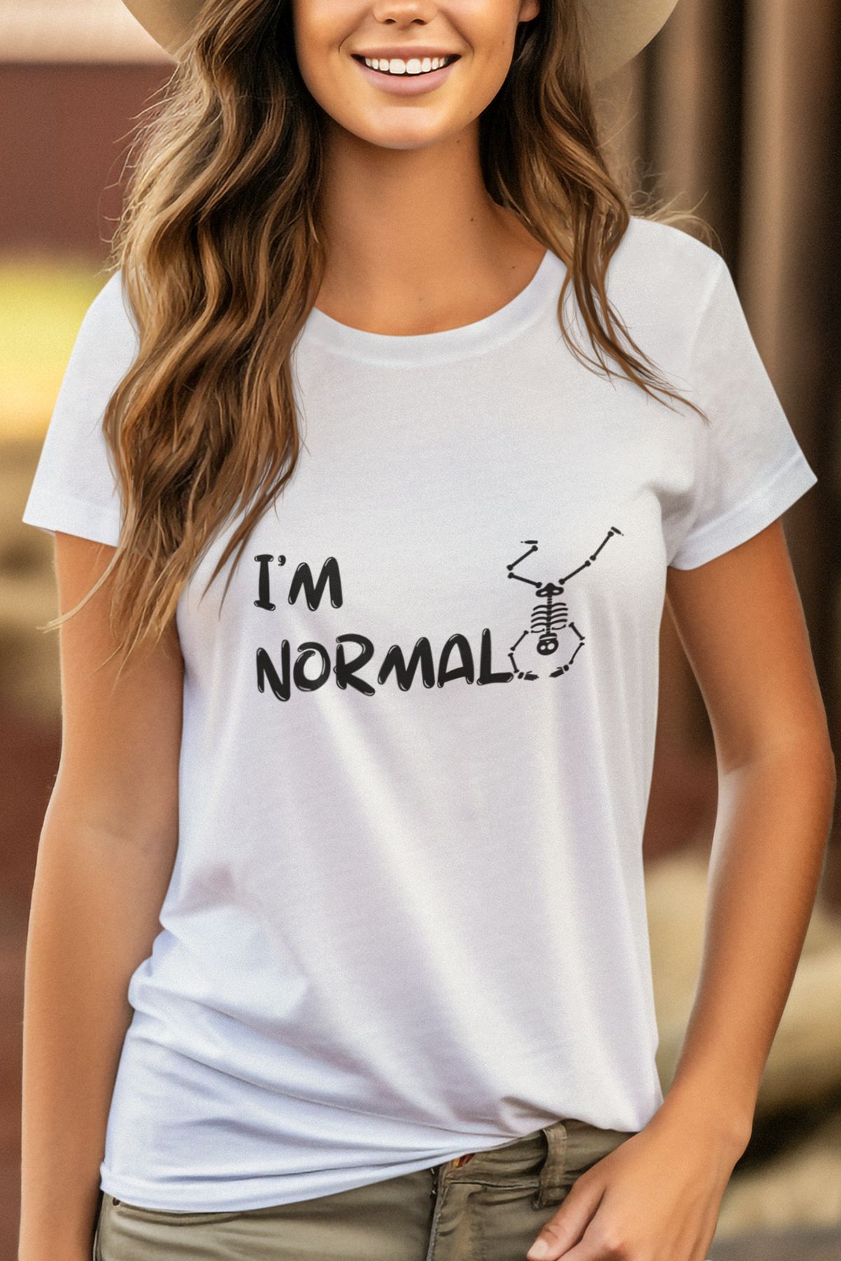 qoeuyl boutique I 'm normal İskelet Baskılı Eğlenceli Hediyelik Renkli Unisex T-Shirt