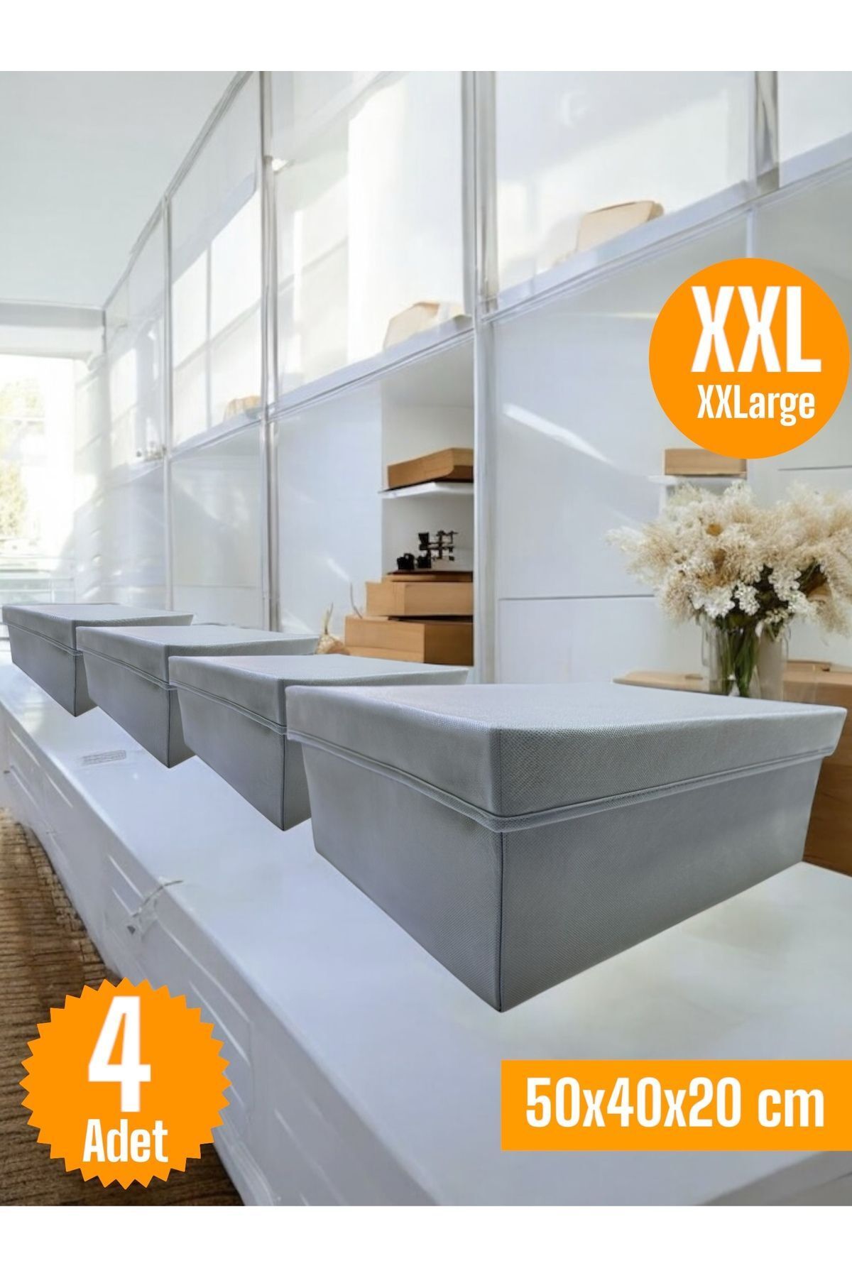 teknotrust 4 Adet Kapaklı Dolap İçi Düzenleyici Kutu Çok Amaçlı Saklama Kutusu XXLarge 50x40x20 cm