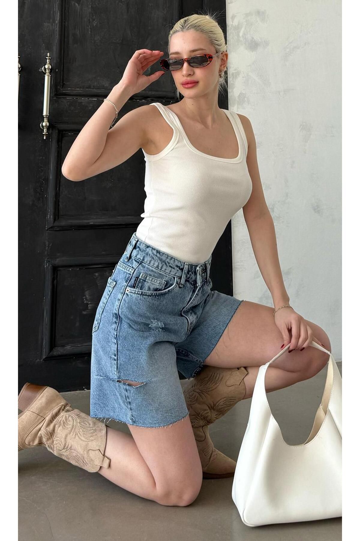 Madmext-Blue High Waist Side Ripped Denim Shorts Mg1477 6