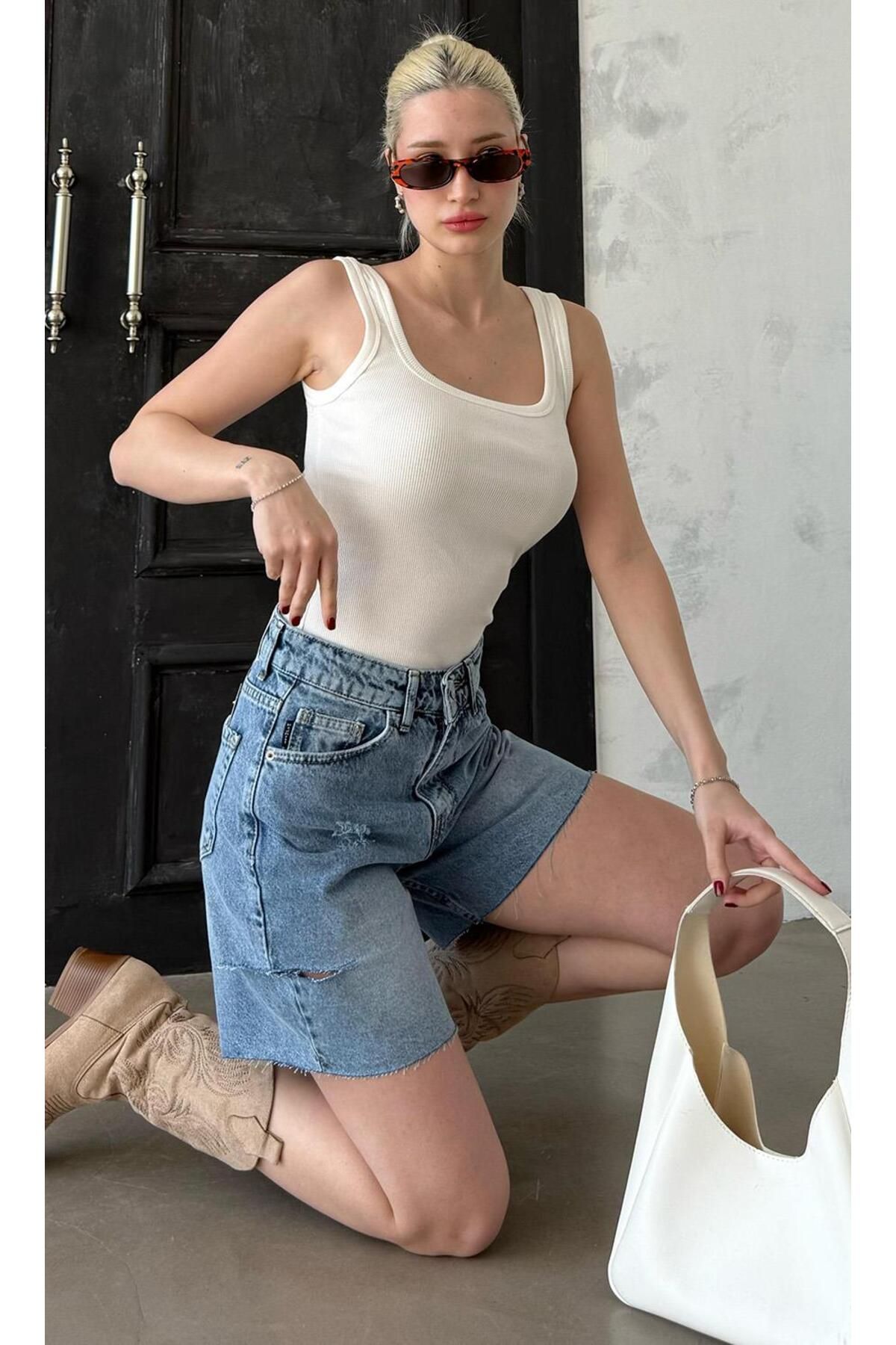 Madmext-Blue High Waist Side Ripped Denim Shorts Mg1477 2
