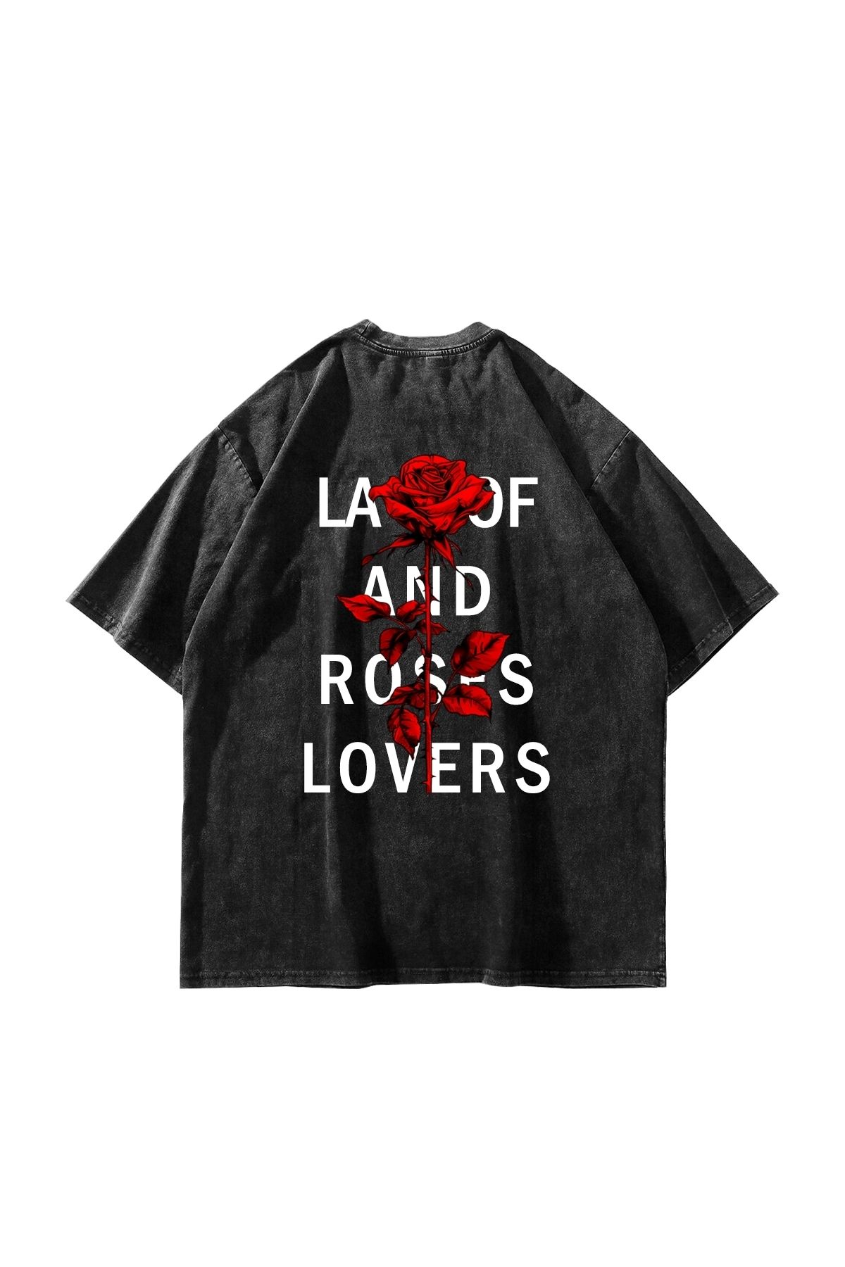 Bak Moda Roses Lovers Baskılı Oversize Unisex Yıkamalı Siyah Tshirt
