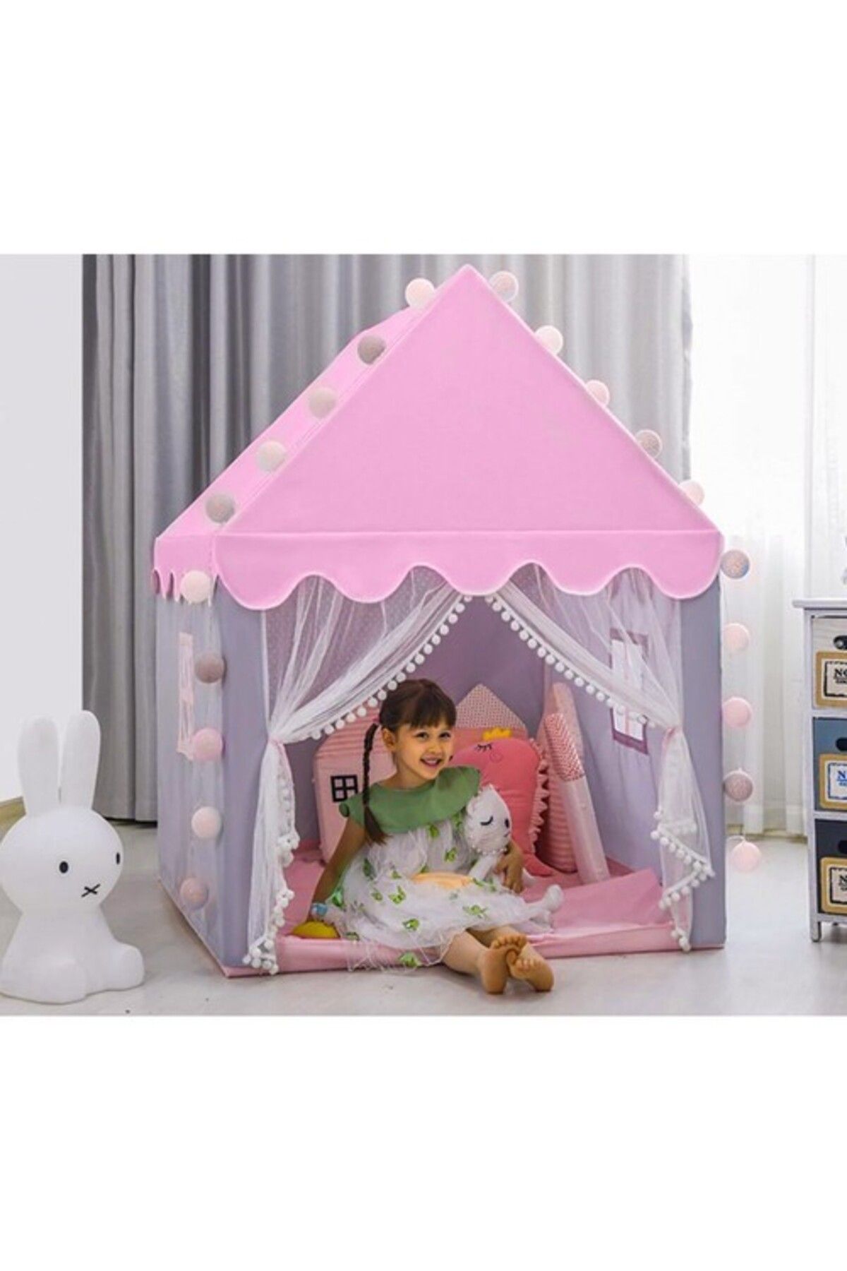zola-Children's playhouse with lights, Zola®, windows, grey with pink, 130 x 100 x 115 cm 6