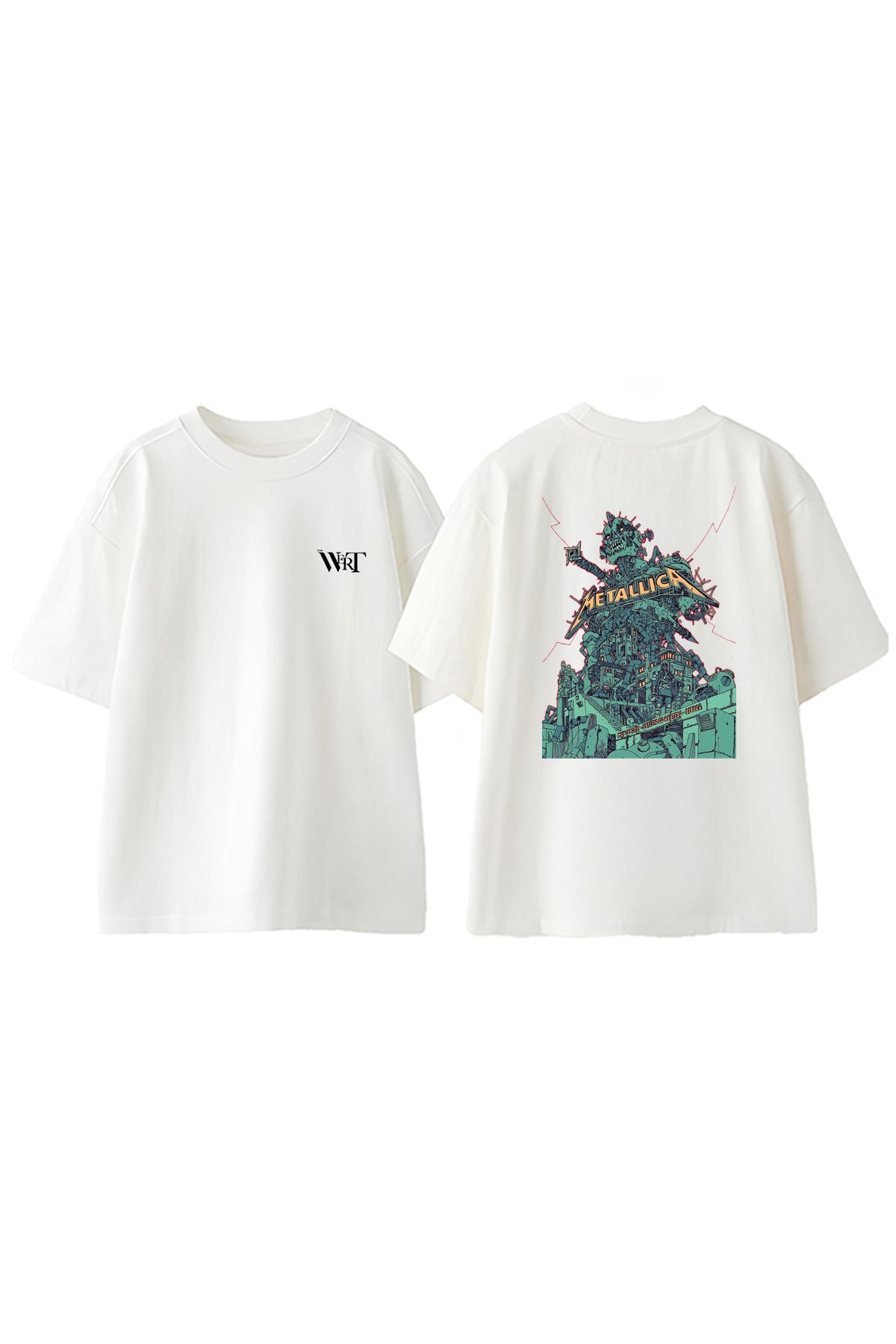 THEWERT Metallica Green Skull Tasarım Sırt Baskılı Pamuk Beyaz Oversize T-shirt