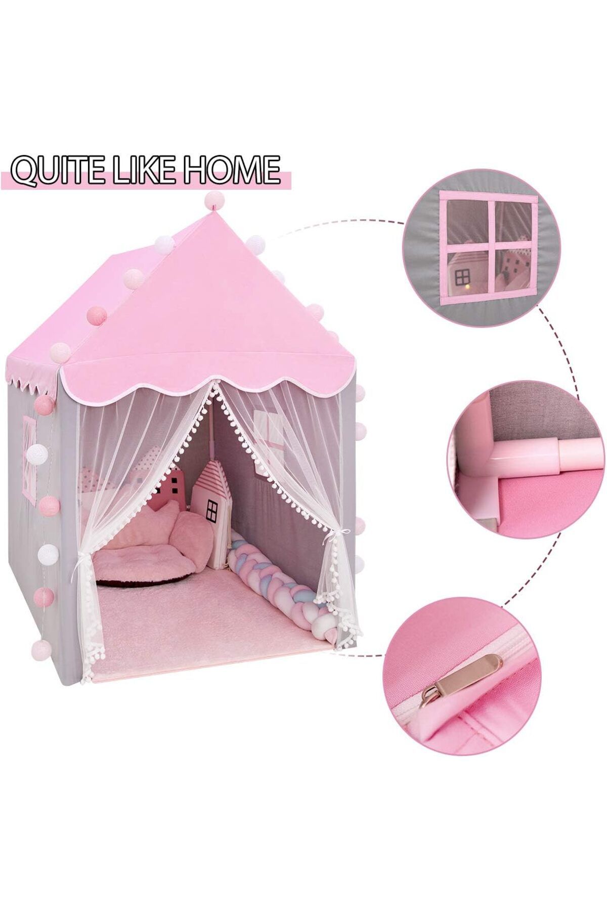 zola-Children's playhouse with lights, Zola®, windows, grey with pink, 130 x 100 x 115 cm 10