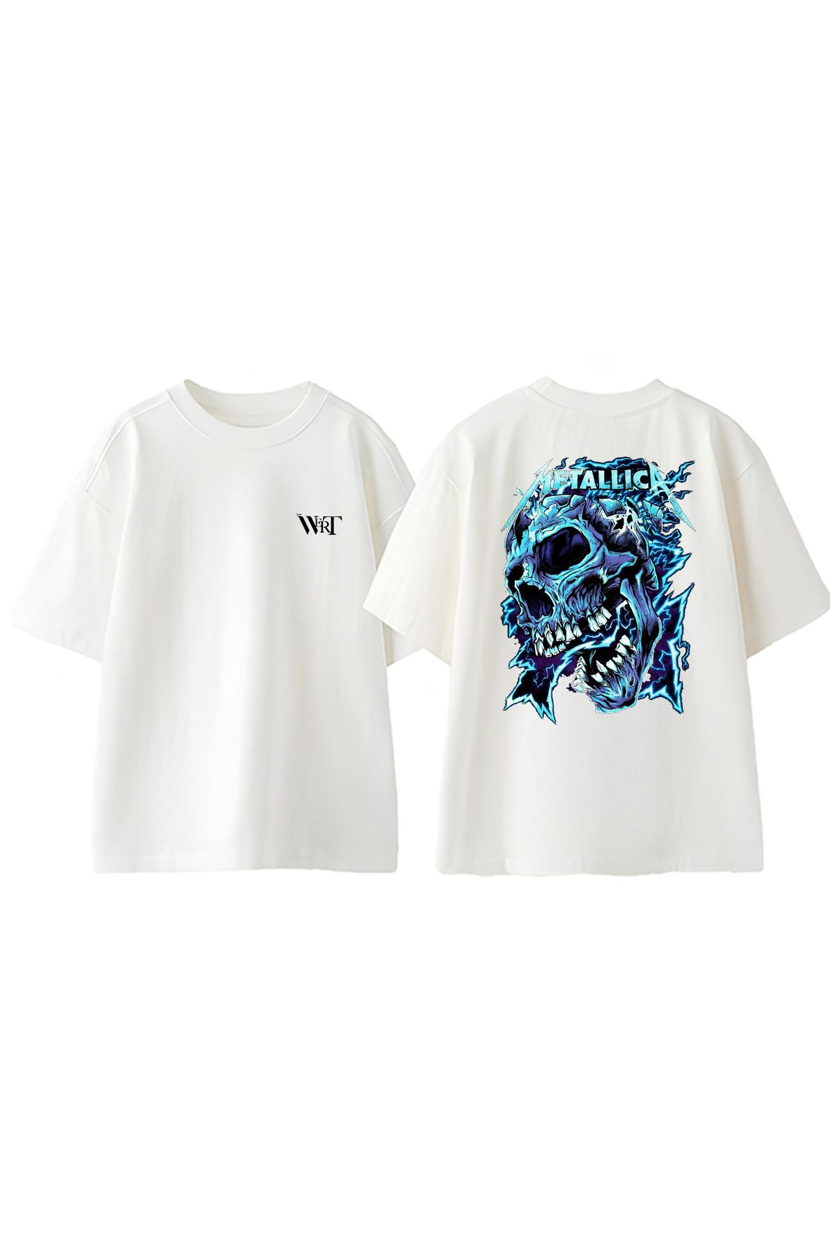 THEWERT Metallica Skull 1 Tasarım Sırt Baskılı Pamuk Beyaz Oversize T-shirt
