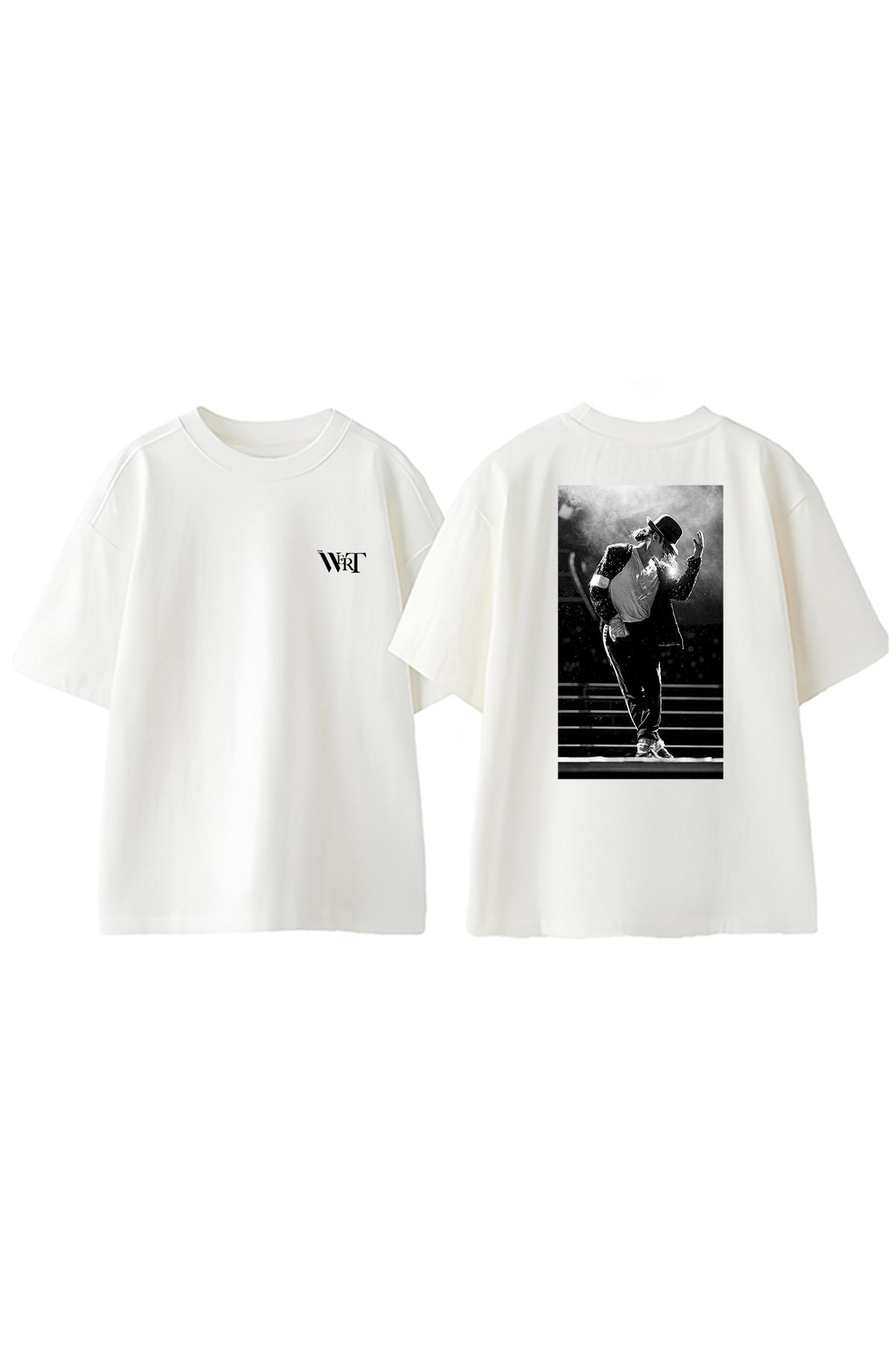 THEWERT Michael Jackson 1 Tasarım Sırt Baskılı Pamuk Beyaz Oversize T-shirt