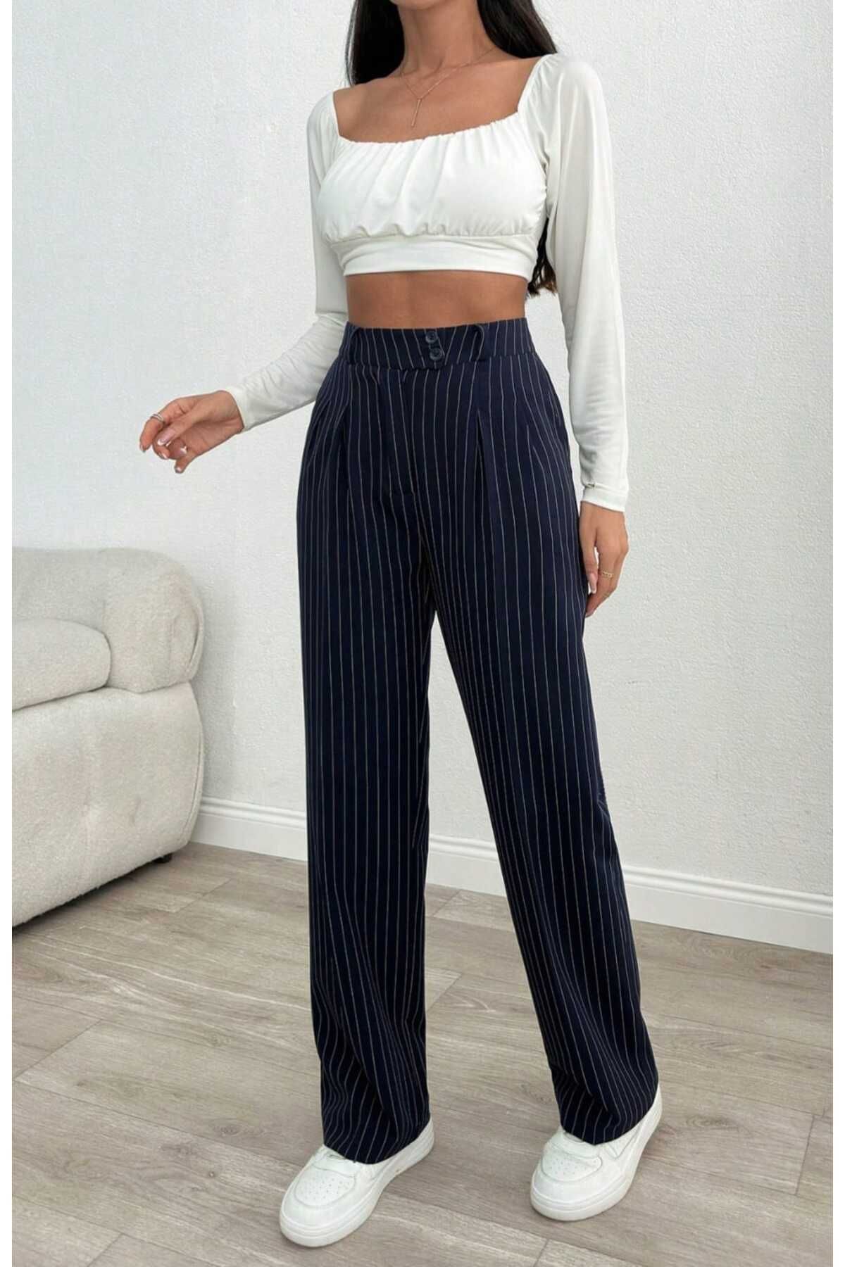 MOE BAG Kadın Lacivert Çizgili Fit Palazzo Pantolon