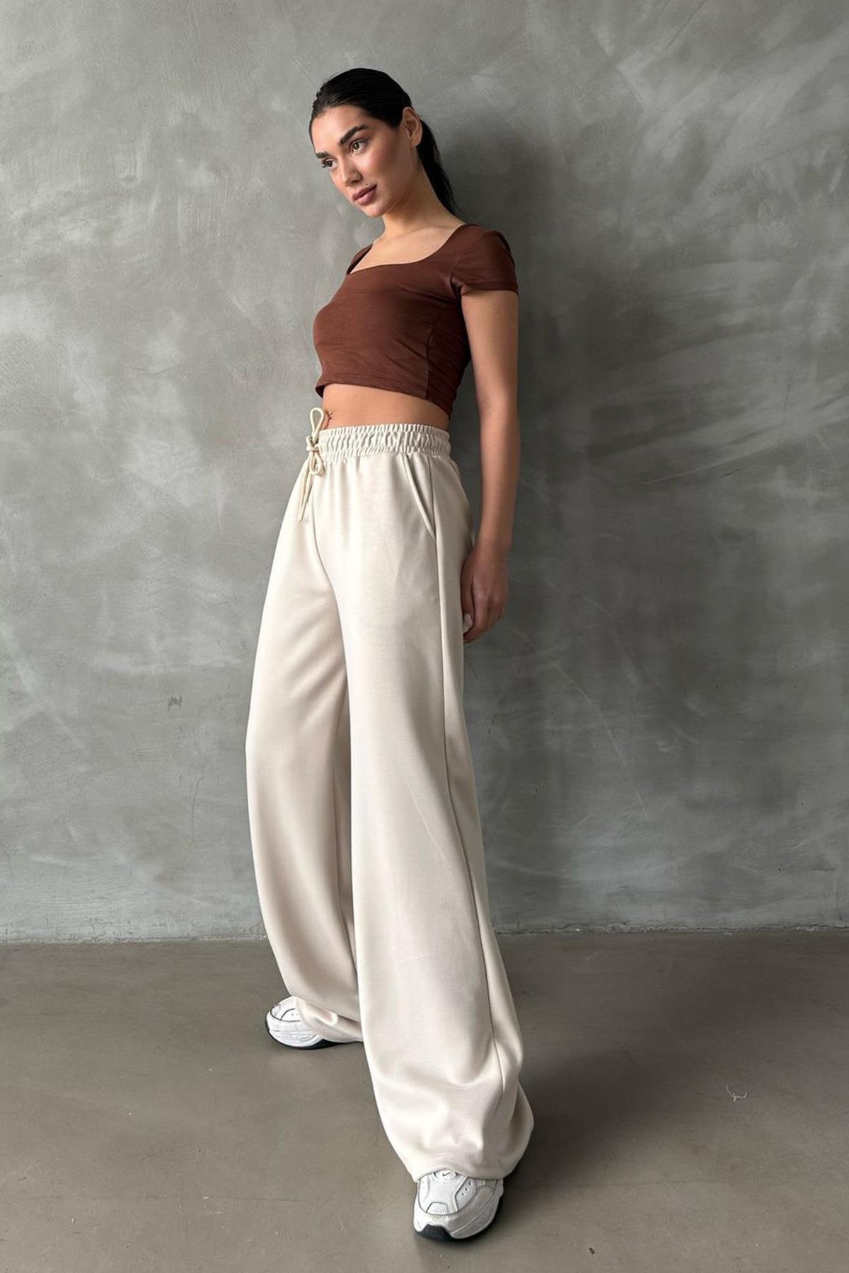 Madmext-Beigefarbene Damen-Jogginghose mit weitem Bein und Modal 2