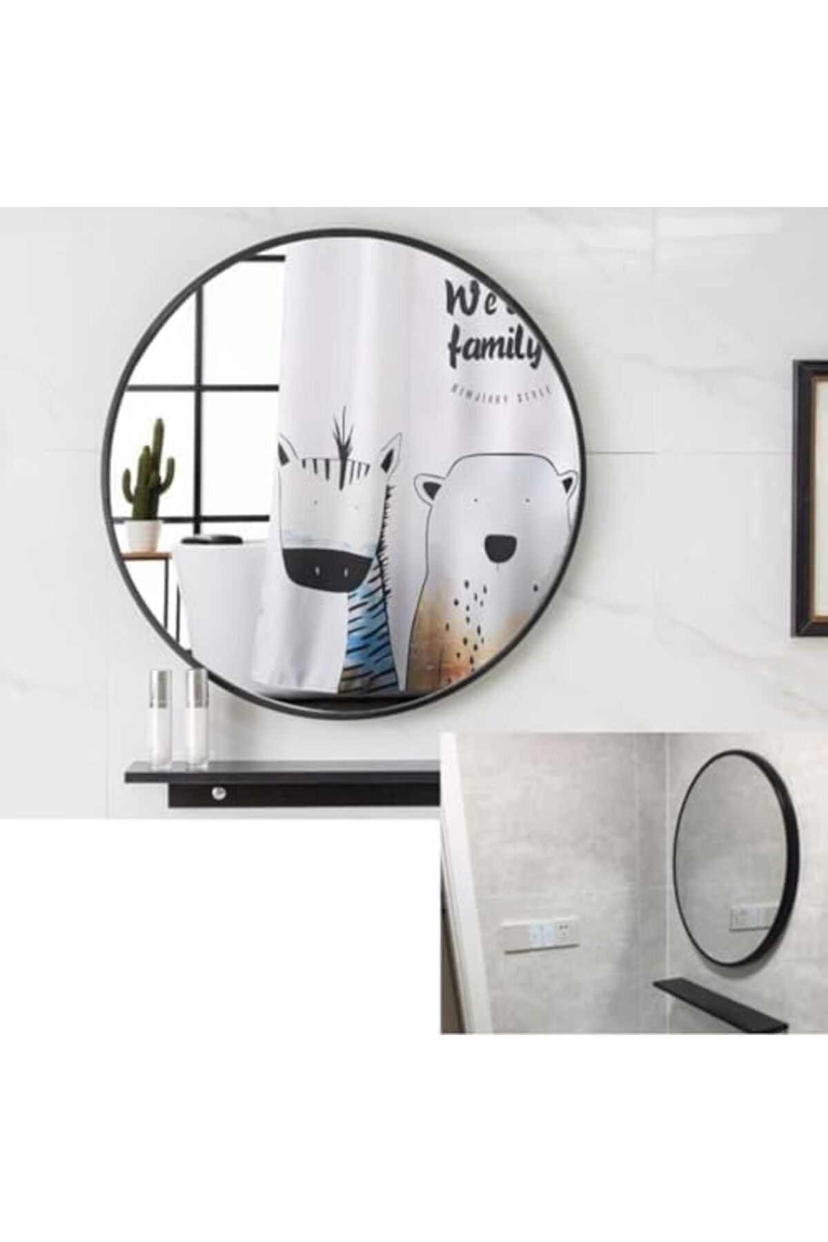 مرآة حائط دائرية للمنزل والحمام بإطار معدني أسود مقاس 40*40 من بونكا