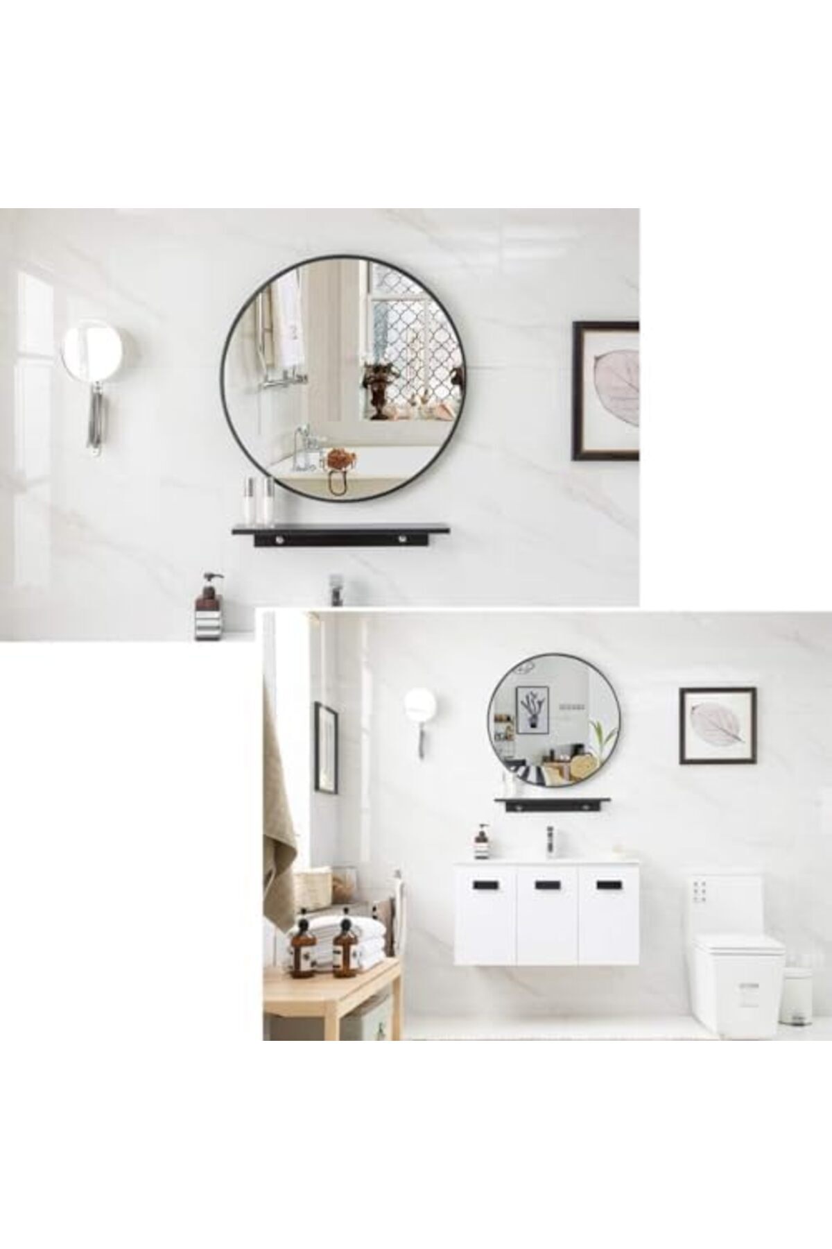 مرآة حائط دائرية للمنزل والحمام بإطار معدني أسود مقاس 40*40 من بونكا