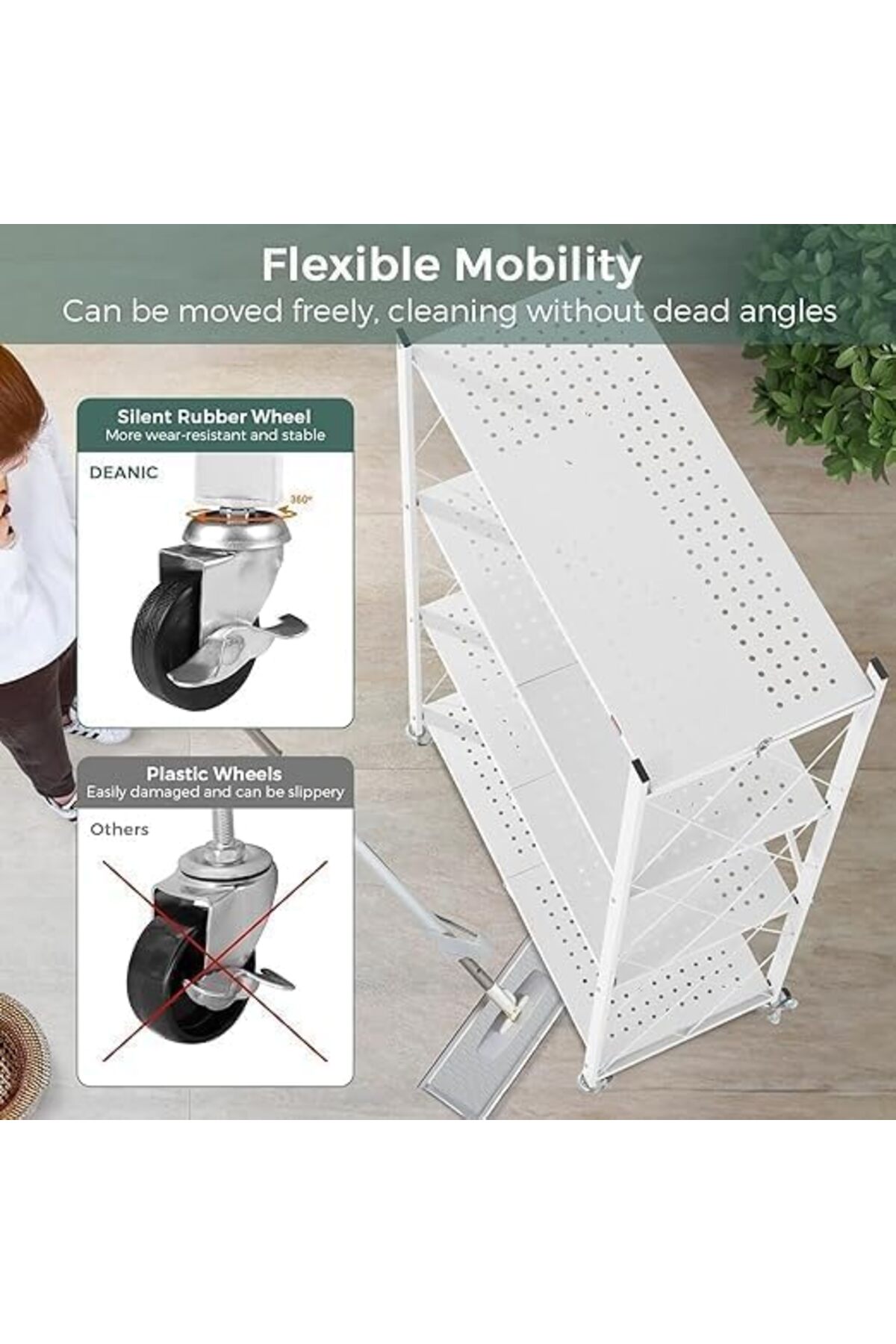 رفوف تخزين قابلة للطي مع عجلات، 4 طبقات، أبيض