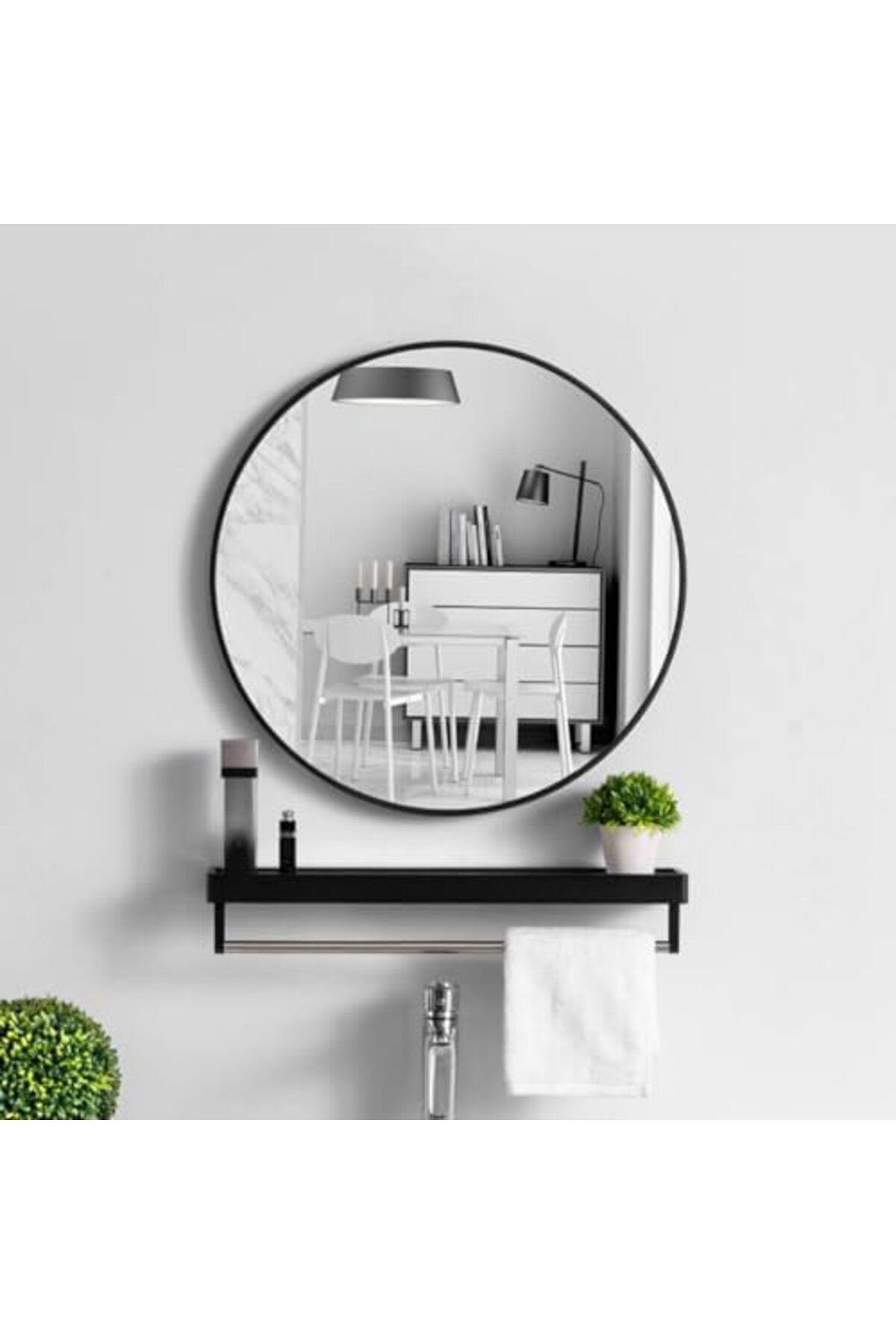 مرآة حائط دائرية للمنزل والحمام بإطار معدني أسود مقاس 40*40 من بونكا