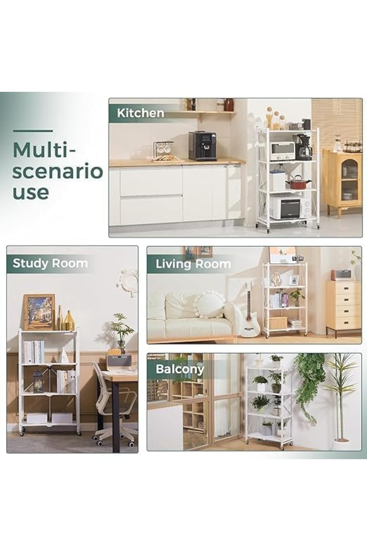 رفوف تخزين قابلة للطي مع عجلات، 4 طبقات، أبيض