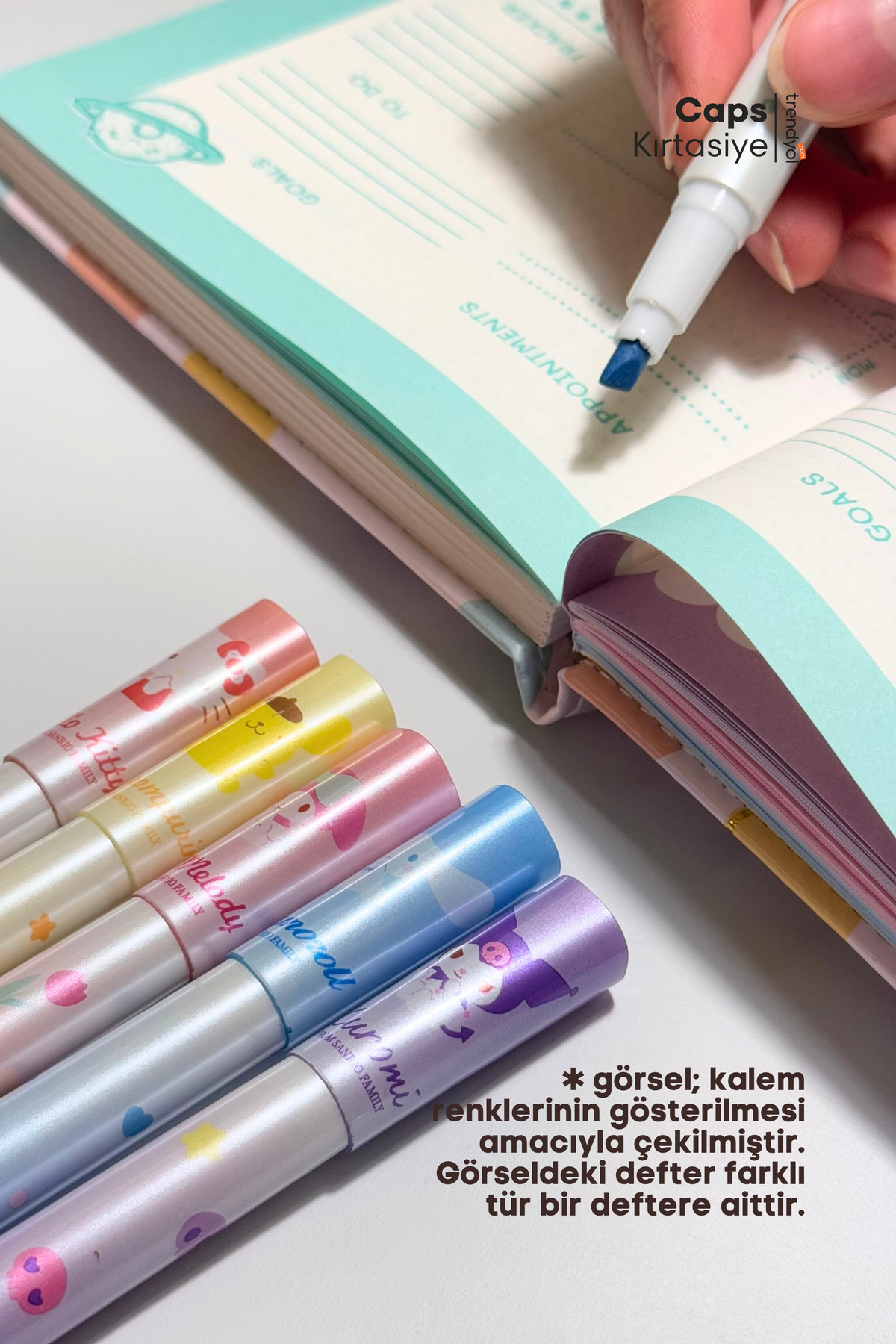 caps office-Sanrio Character Themed 160 Page Heart Notebook & Highlighter Stationery Set – Kuromi, My Melody 5