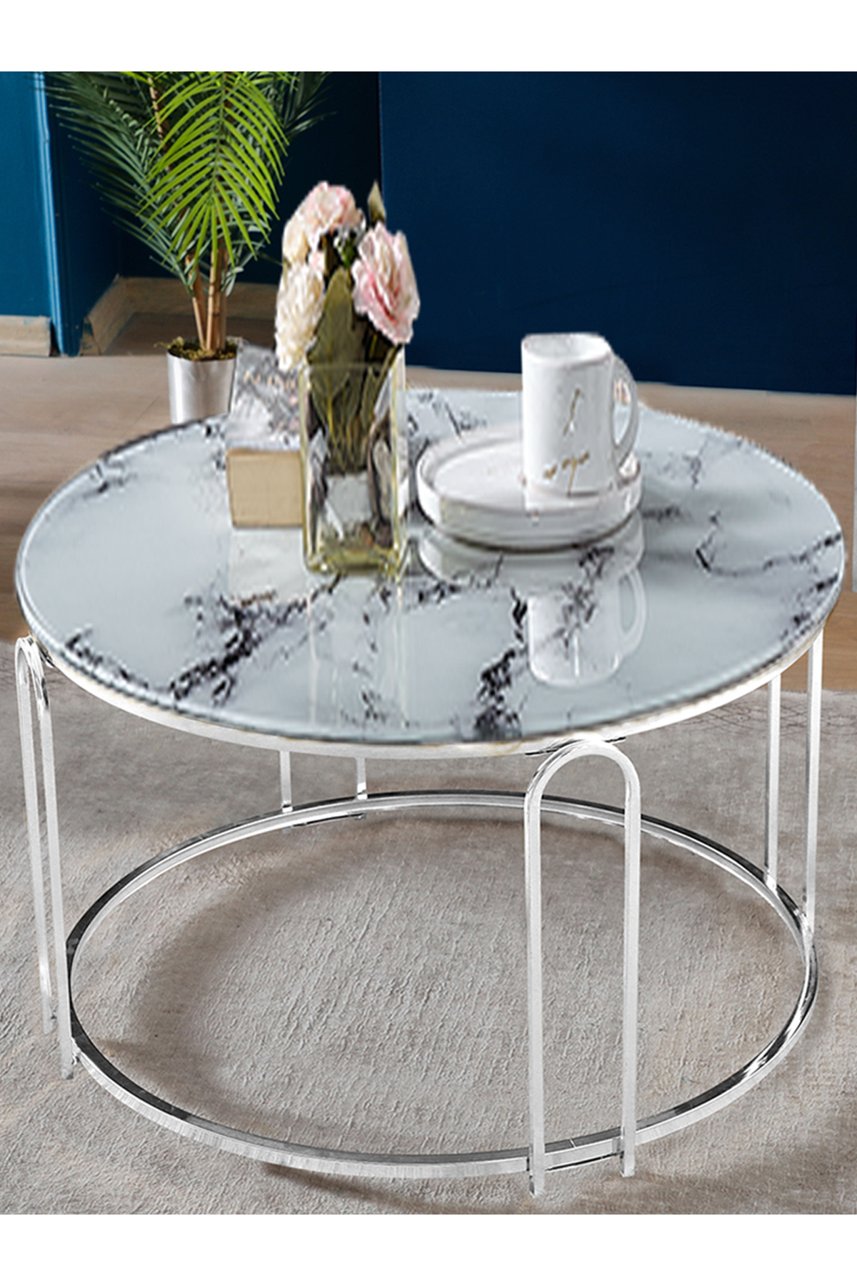 Zigon Sehpa Ve Orta Sehpa Set Lenka Beyaz Mermer Cam Gümüş Ayaklı Zigon-orta-sedaş