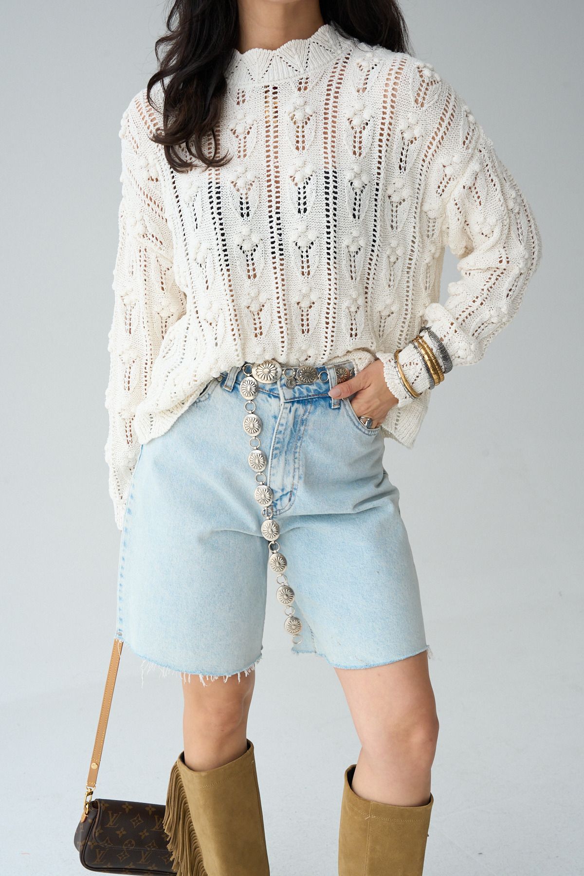 LOOSH-Women's Ecru Stand Collar Pompom Detailed Openwork Seasonal Sweater 2