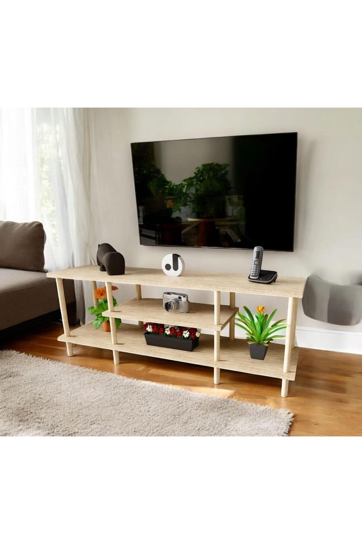 woodaria Ahşap TV Ünitesi – 120 cm – 3 Katlı Açık Raflı Televizyon Sehpası – 30x43x120 cm