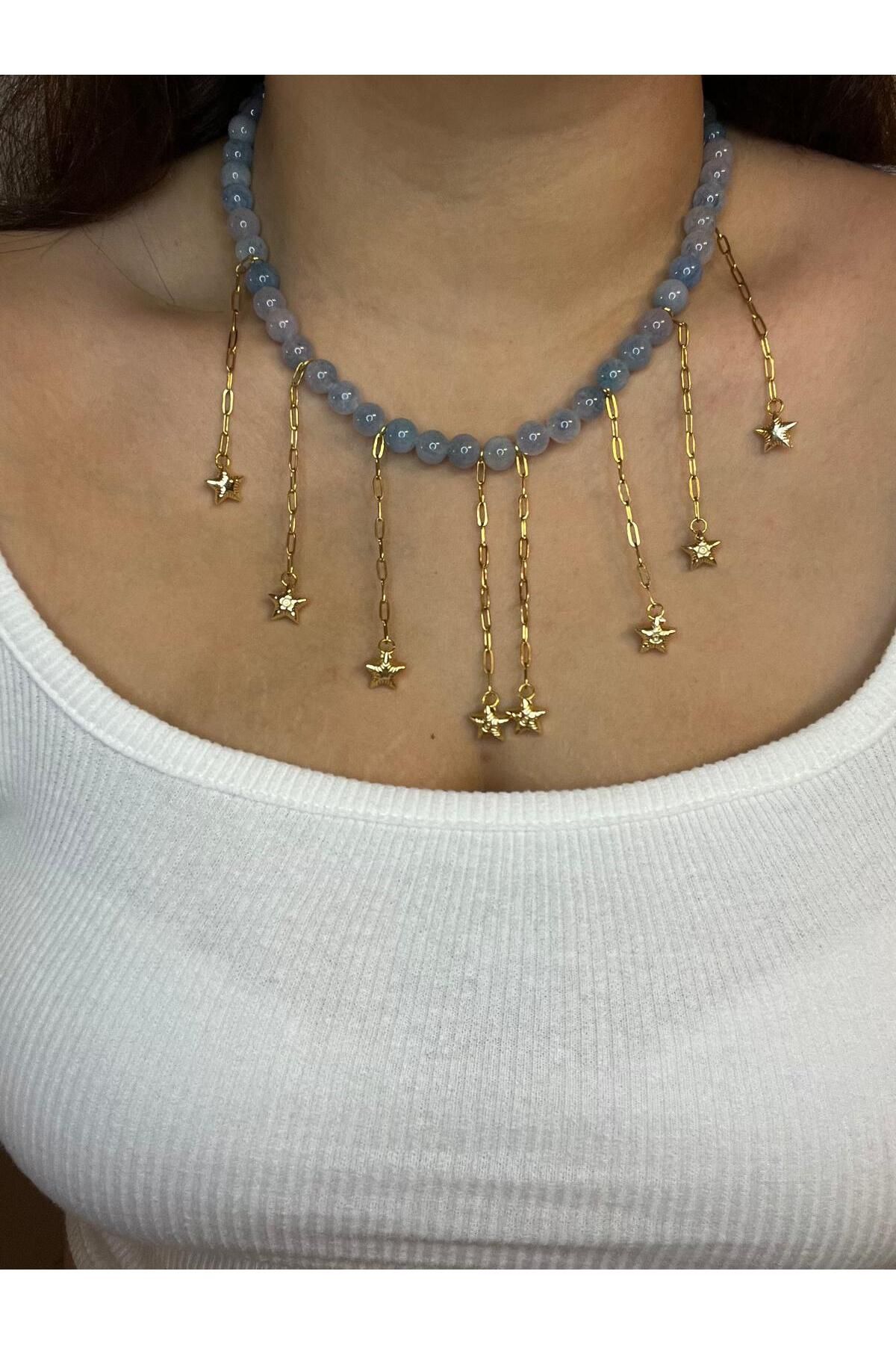 DENİZ ERKUL JEWELRY Özel Tasarım Ceyt Taşı Mavi Desenli Kolye