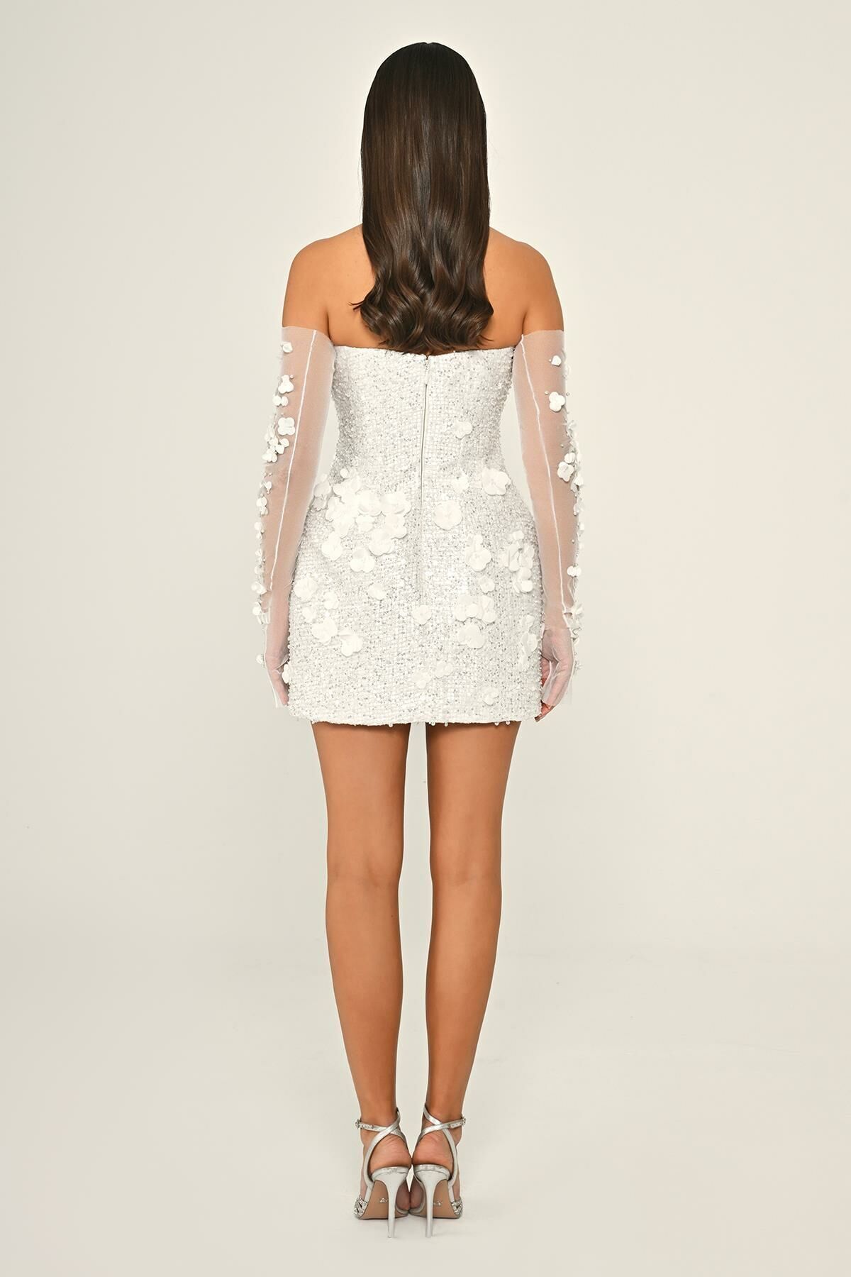 ALFABETA-Women's Short Length Strapless Neckline Sequins and Flower Detail Sleeves See-Through Tulle Stylish White Evening Dress & Graduation 3