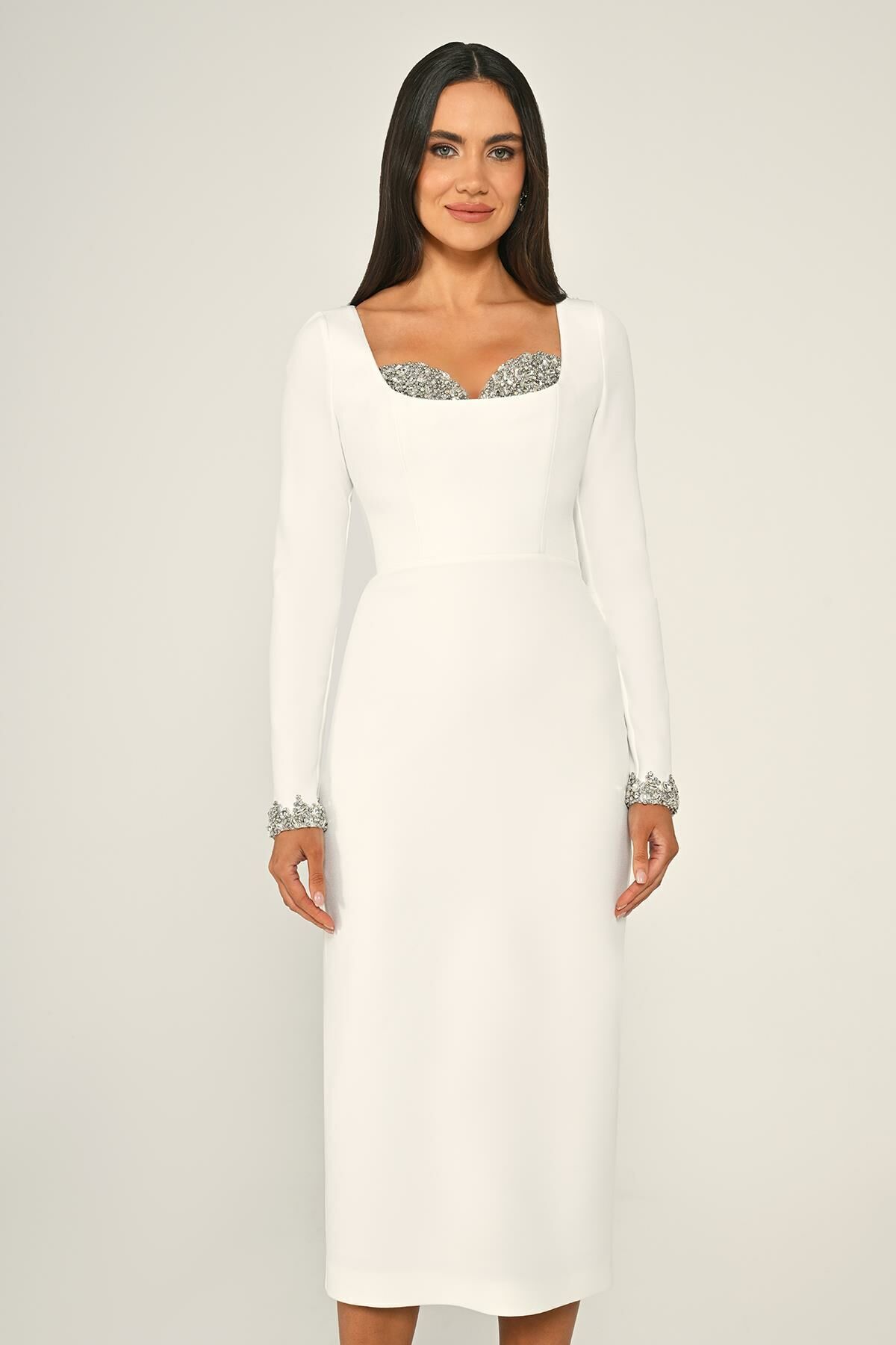ALFABETA-Women's Arm Tip and Chest Stone Details Long Arm Body Hugging Long Length White Evening Dress & Graduation Dress 2