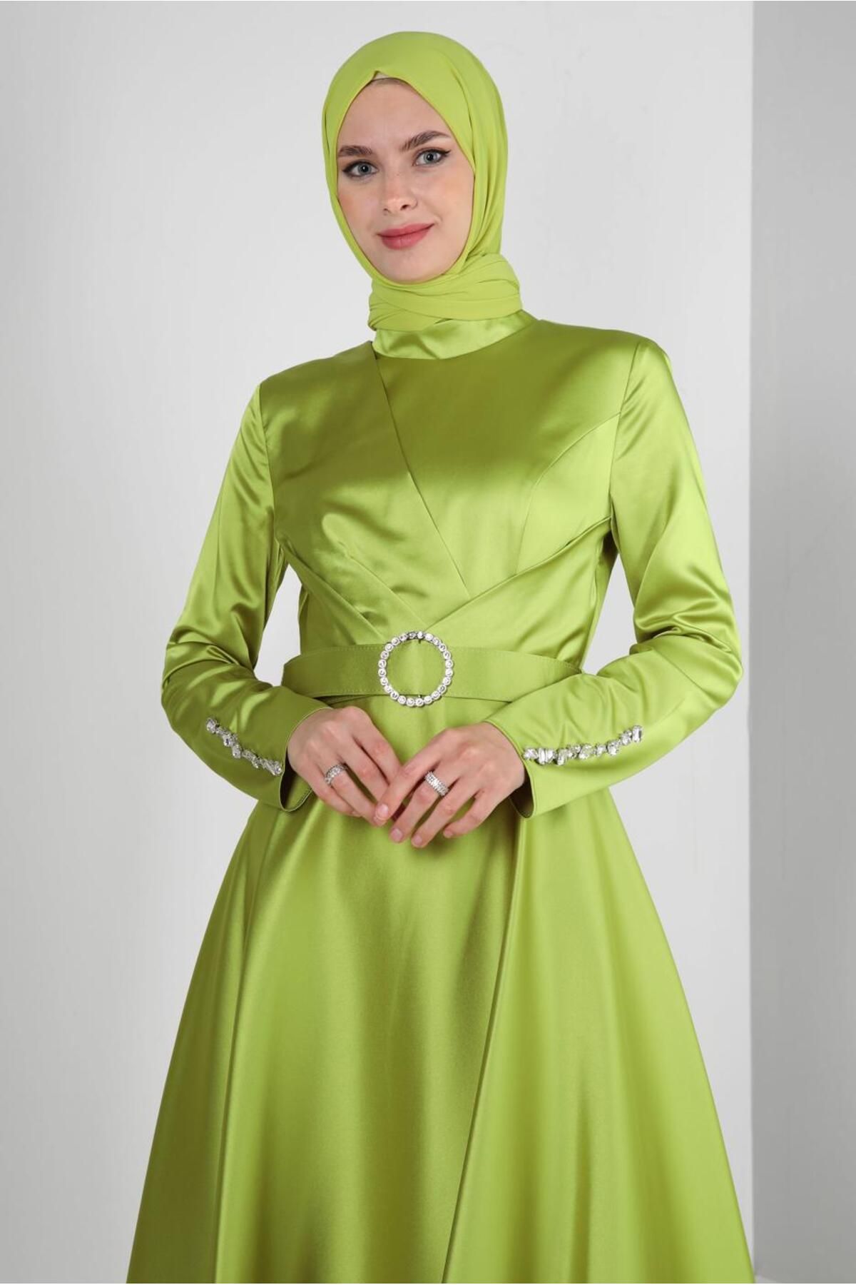لباس مجلسی ساتن کمربند سنگ دوزی شده 50304 Alvina