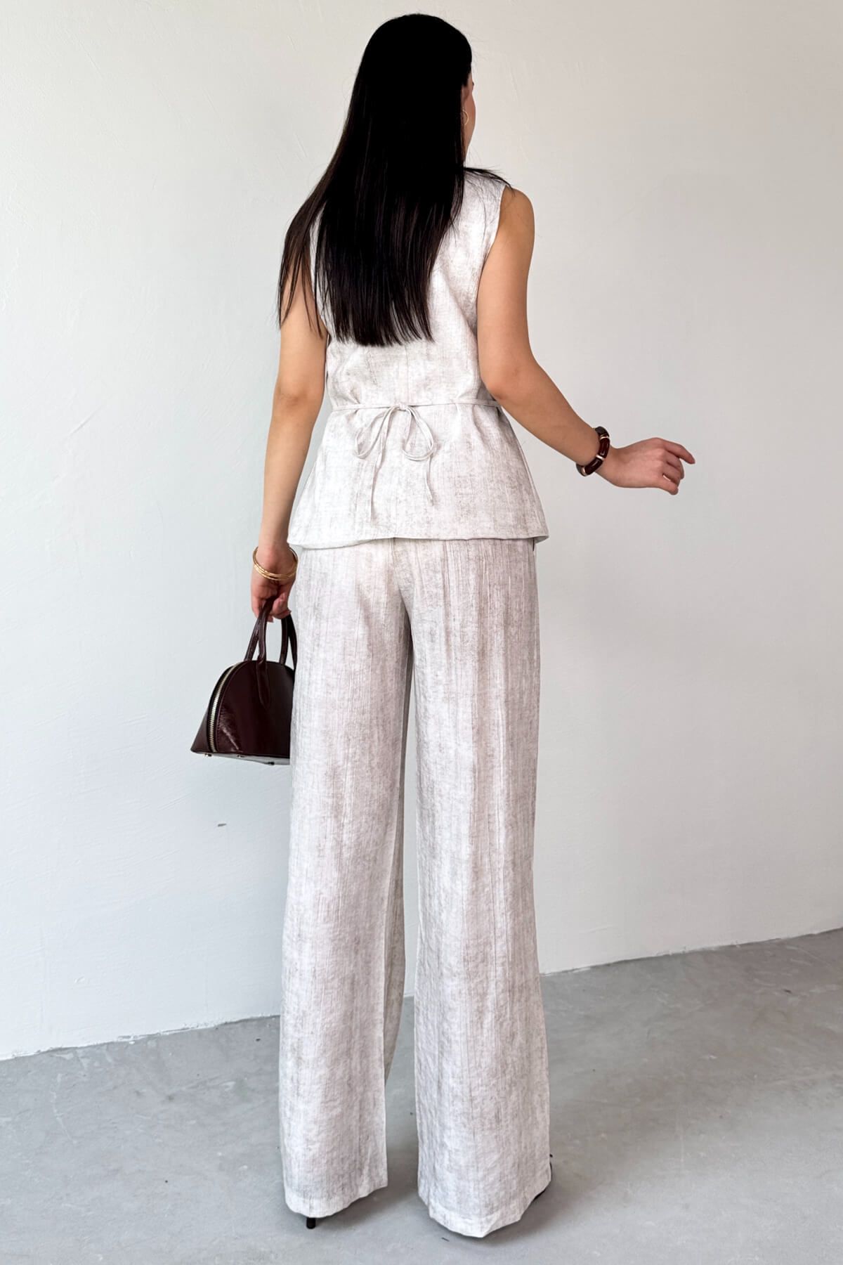 Cappmoda-Tkm-13270 Stone Color Buttoned Pocket Detailed Vest High Waist Palazzo Trousers Two-Piece Set 5