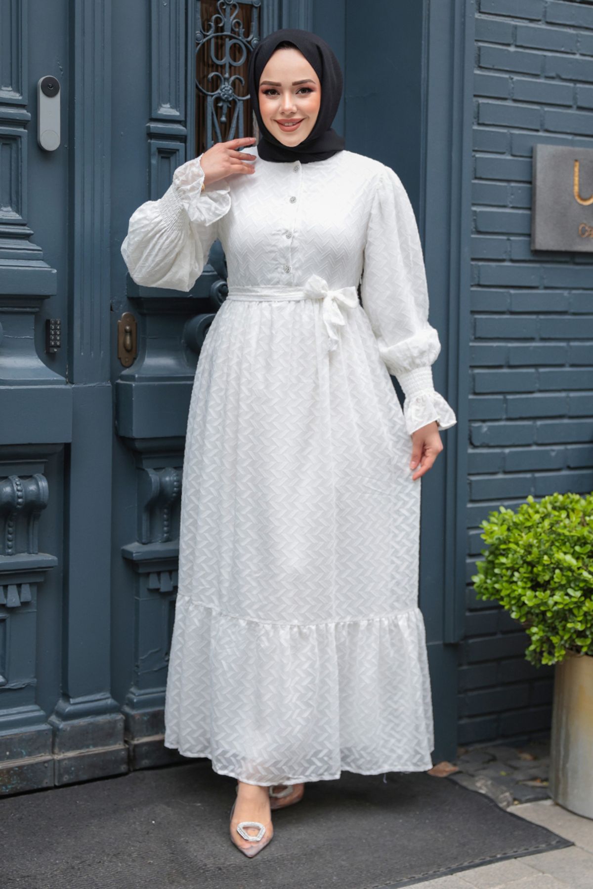 N.S NEVA STYLE-Buttoned White Hijab Dress 13902B 1