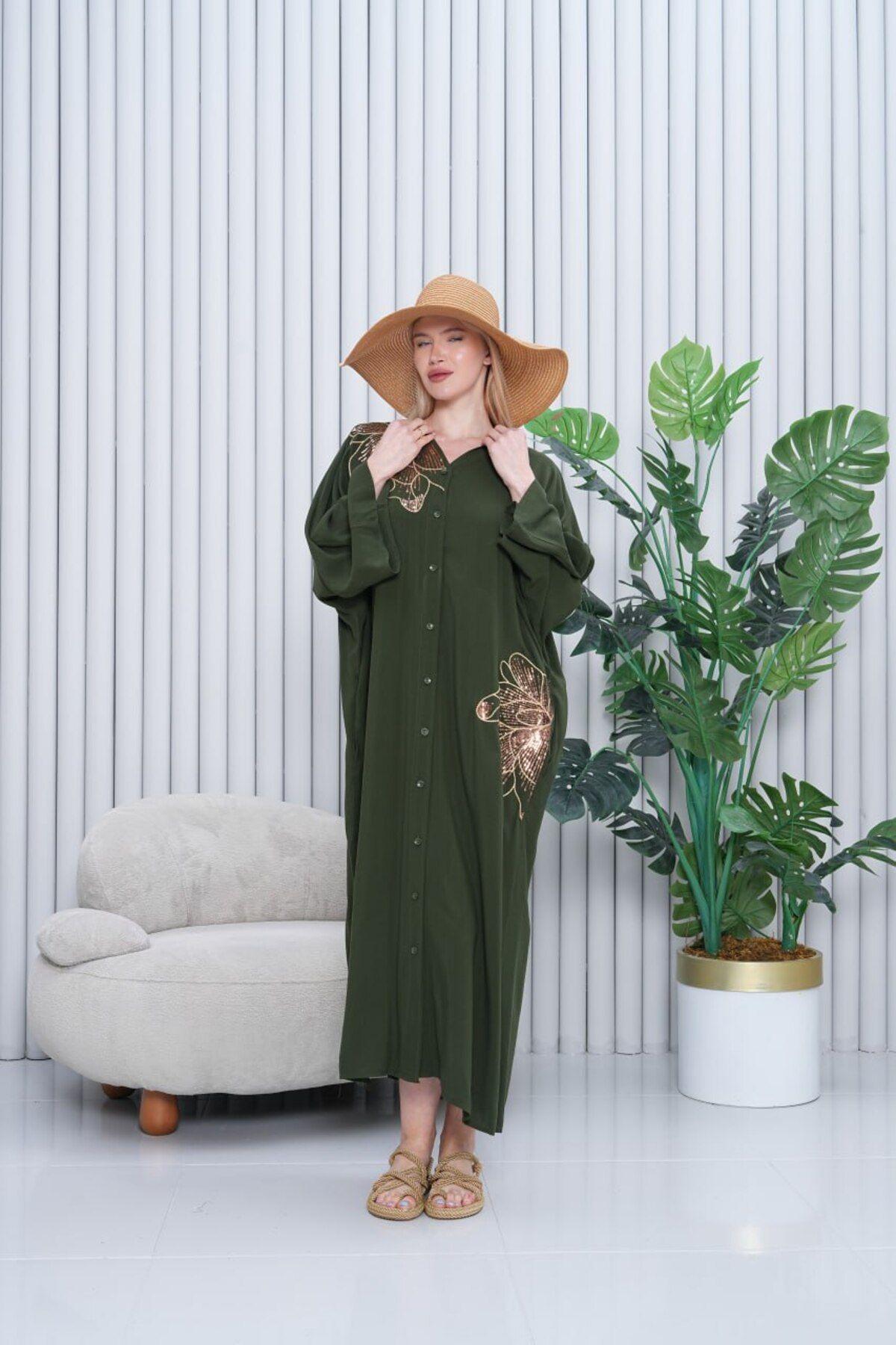 My Blog-Khaki Big Flower Embroidered Sequined Large Size Dress - 2038 3