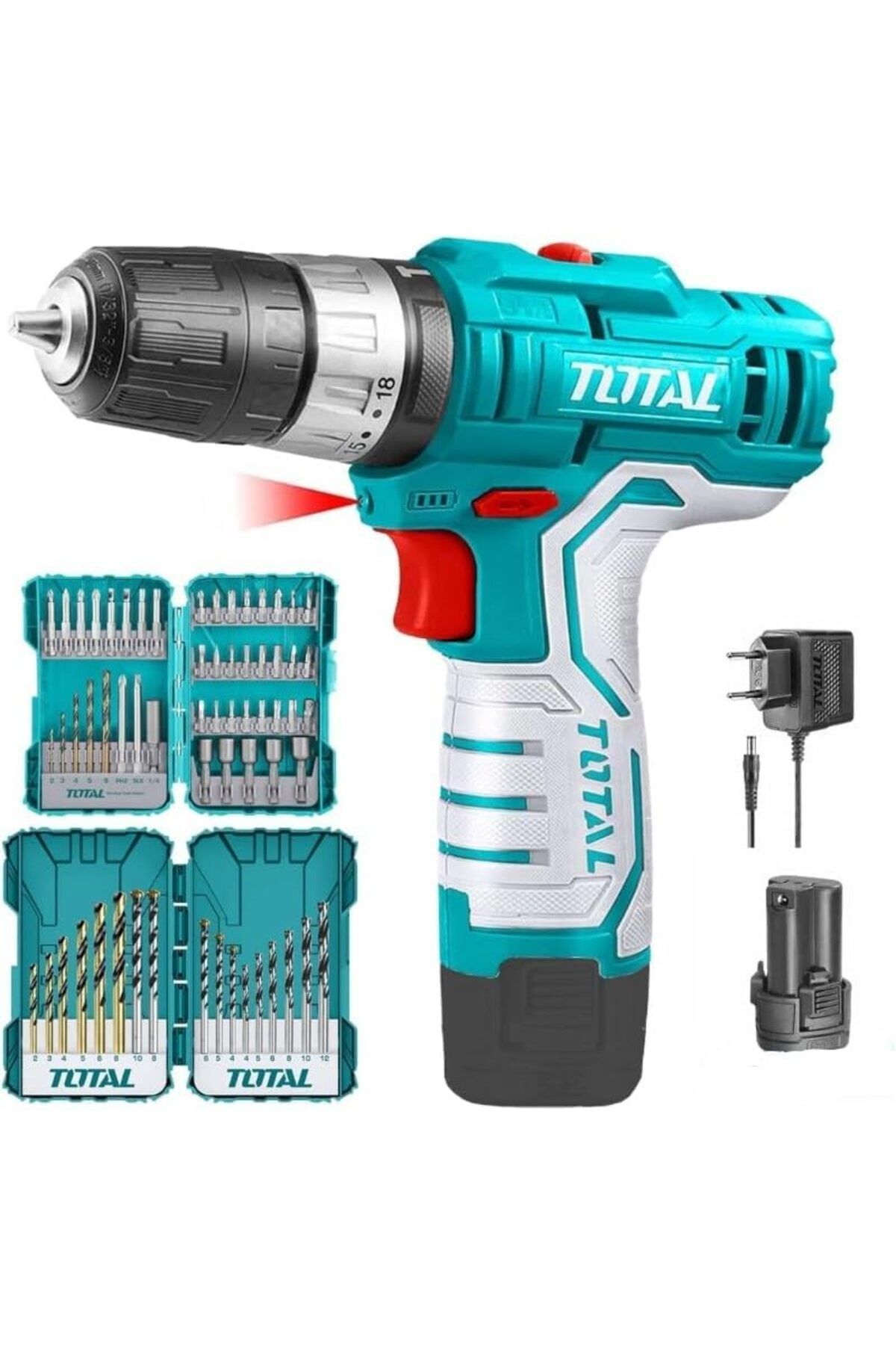 TOTAL-Cordless Drill Set - 18V, 2 Battery Packs, Drill & Driver with 2 Drill Bit Sets and Charger 1