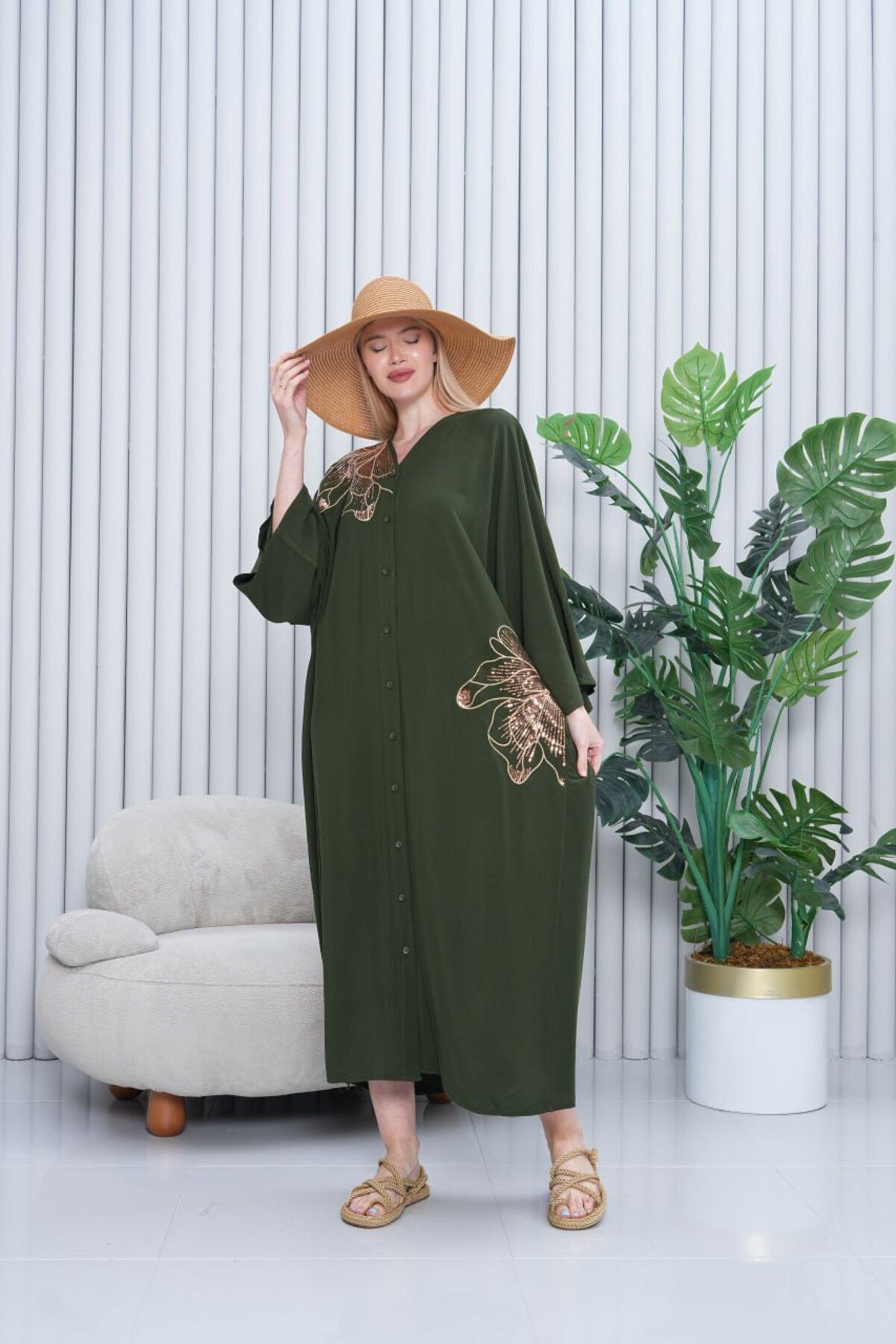 My Blog-Khaki Big Flower Embroidered Sequined Large Size Dress - 2038 2