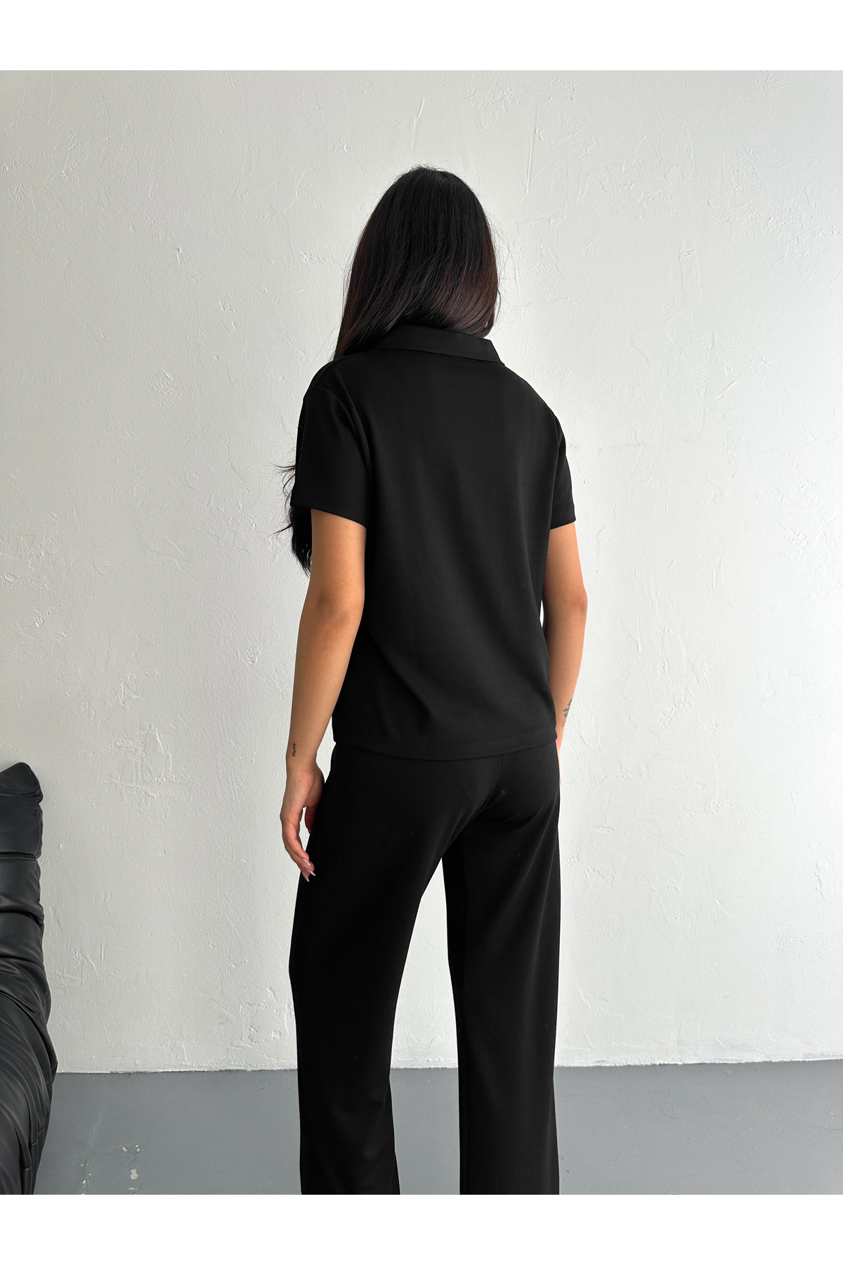 02Lady Fashion-Polo Neck Wide Leg Modal Fabric Short Sleeve Tracksuit Set 5