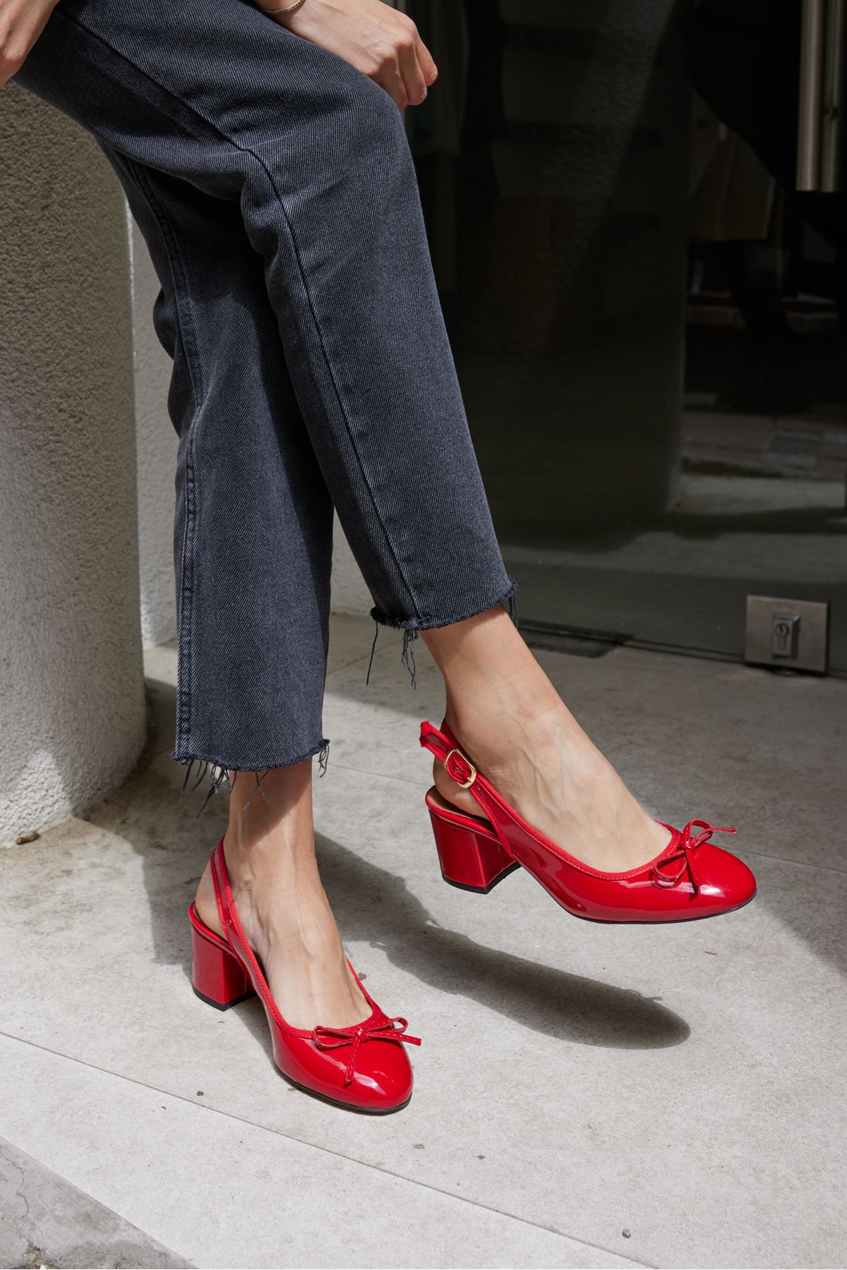 ANGELİNA JONES-Dorado Women's Red Patent Leather Thick Heel Slingback Heeled Shoes 7
