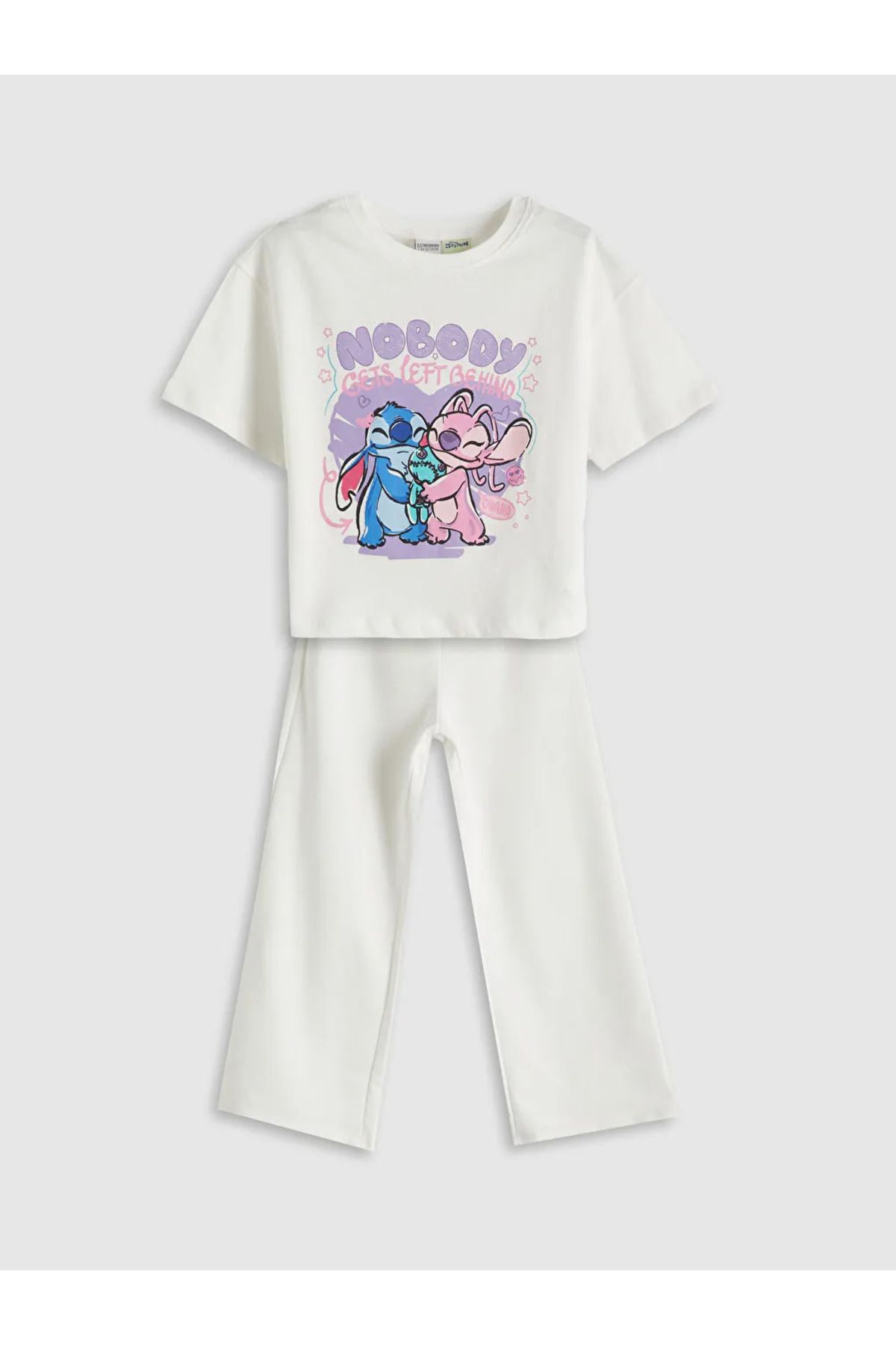 LC Waikiki-تي شيرت وبنطال رياضي للفتيات مطبوع عليه Lilo and Stitch برقبة دائرية من إكرو 1