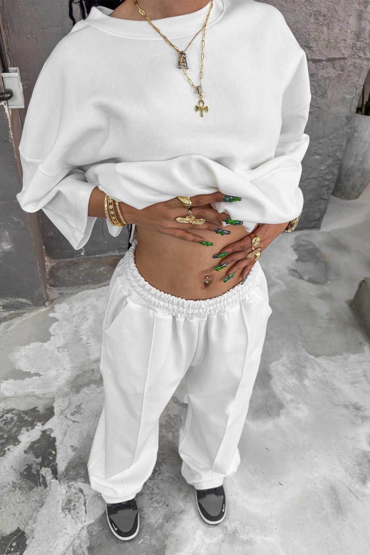 HAFKAGİYİM-White Cozy Premium Striped Baggy Tracksuit 7
