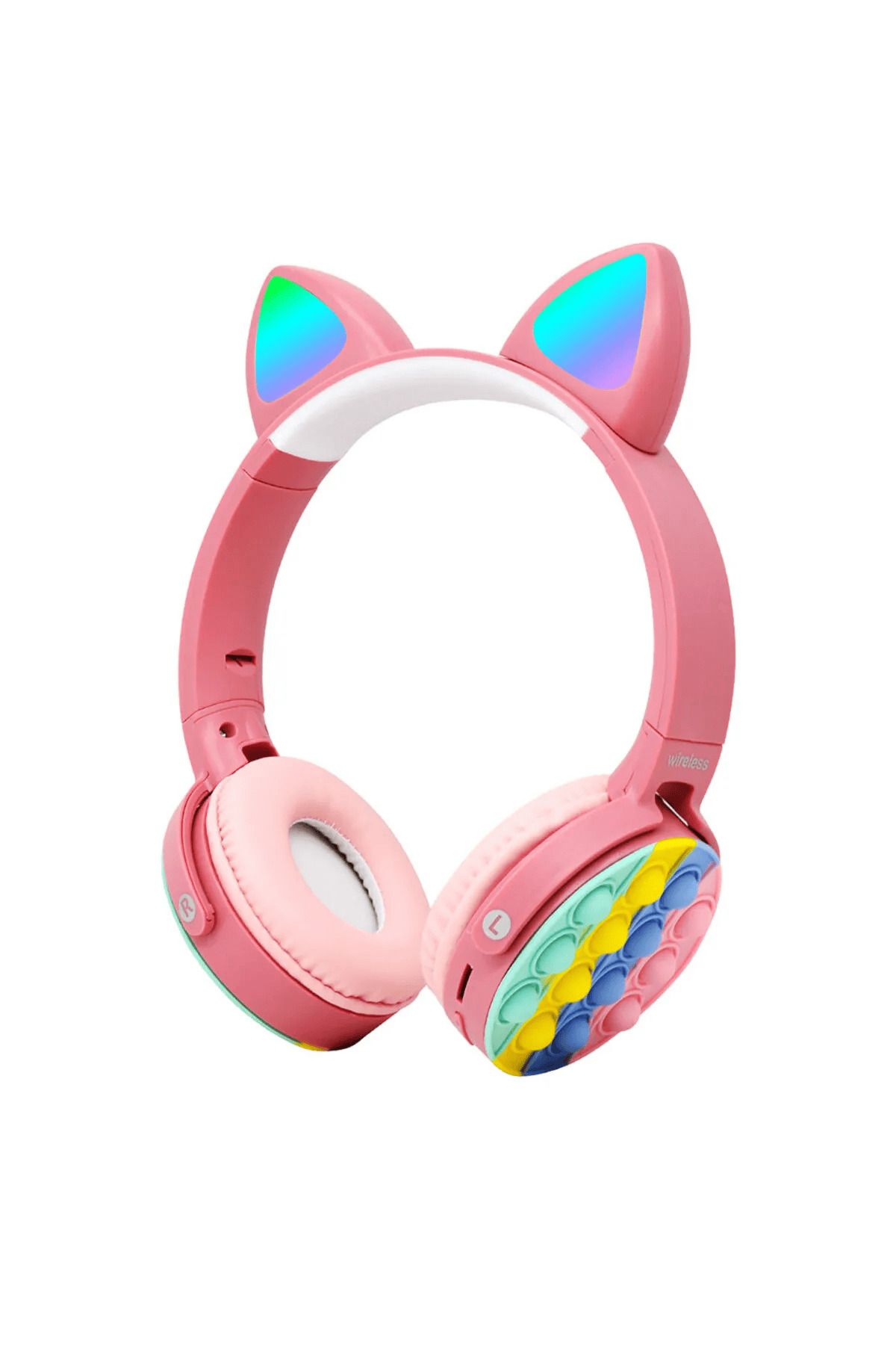 Web İşyerim RGB LED Aydınlatmalı Kedi kulağı Tasarımlı Popit Kafa Kulak Üstü Kablosuz Bluetooth Kulaklık