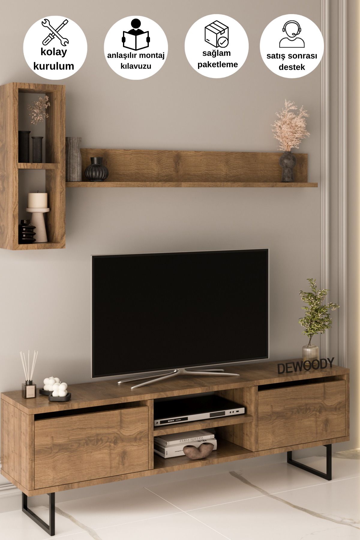LİYANO 140 Cm 2 Kapaklı Raflı Kitaplıklı Metal Ayaklı Modern TV Ünitesi TV Sehpası