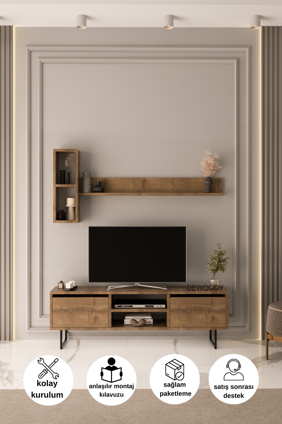 DEWOODY 140 Cm 2 Kapaklı Raflı Kitaplıklı Metal Ayaklı Modern TV Ünitesi TV Sehpası