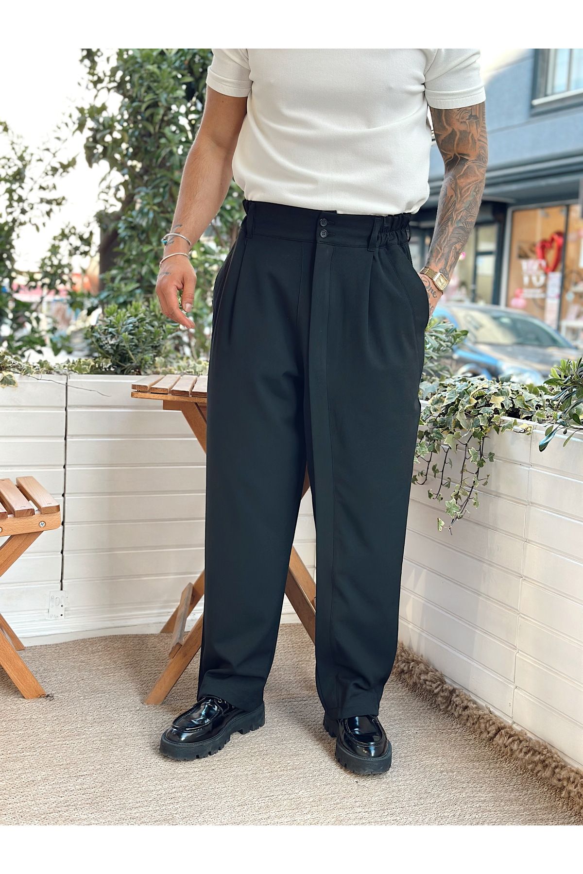 manch collection-Double Button Full Patch Baggy Trousers Black 5