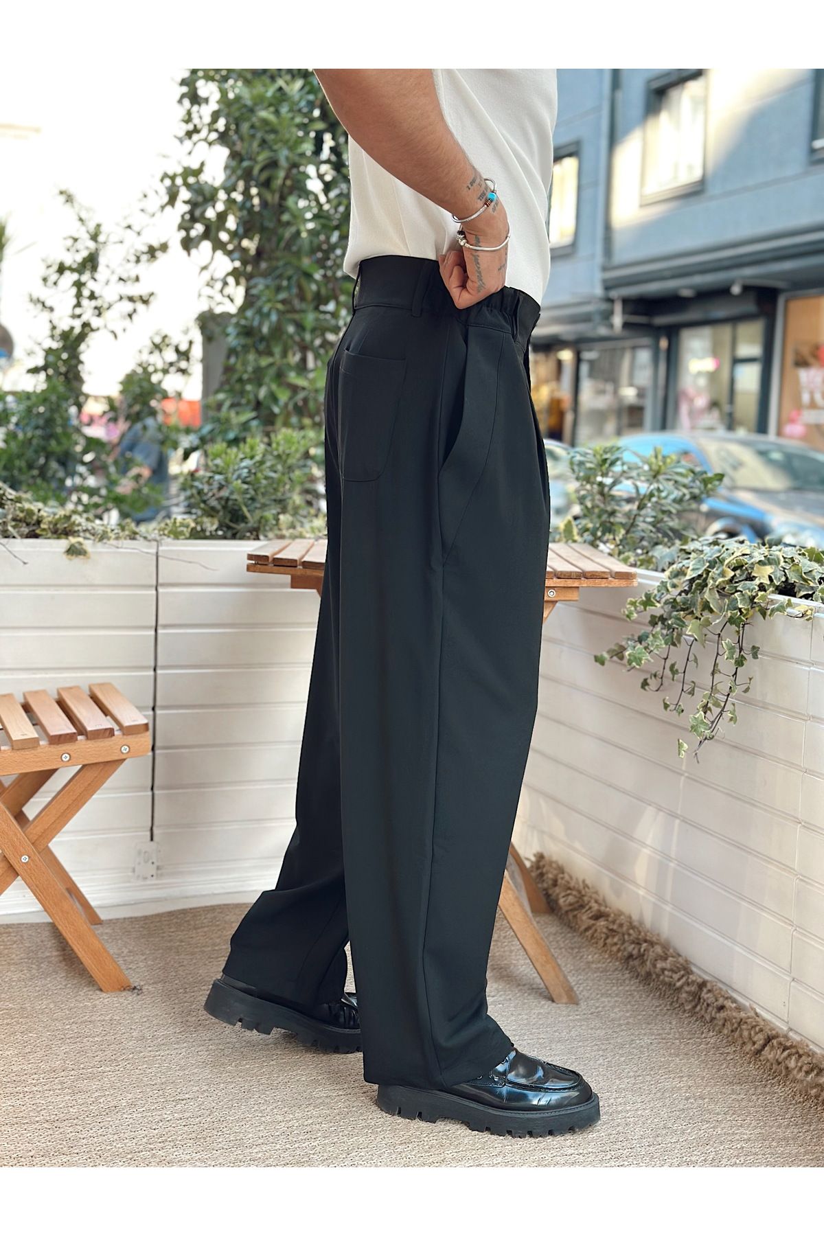 manch collection-Double Button Full Patch Baggy Trousers Black 3