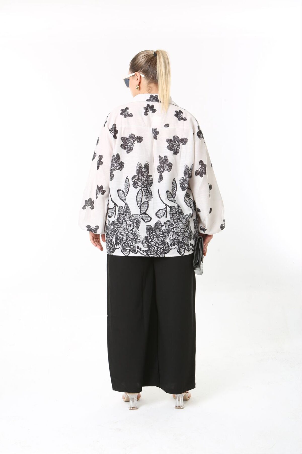 Butik Nilyam-Women's Large Size Balloon Sleeve Detailed Shirt Pants Linen Suit 24748 5