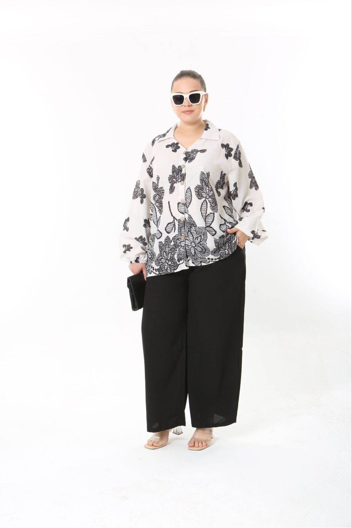 Butik Nilyam-Women's Large Size Balloon Sleeve Detailed Shirt Pants Linen Suit 24748 3