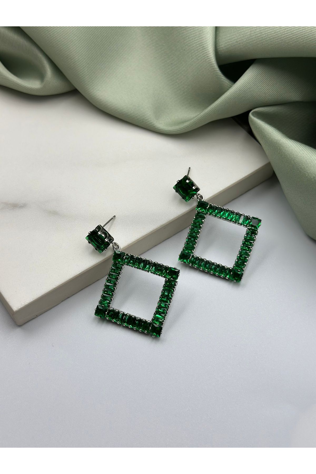 Lumiera-Green Baguette Zircon Stone Square Design Dangle Steel Earrings 2