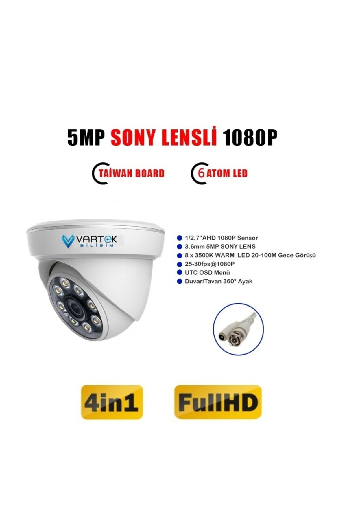 VARTEK BİLİŞİM 5MP SONY LENS Gece Renkli WarmLight Dome İç Mekan 1080P AHD Güvenlik Kamerası