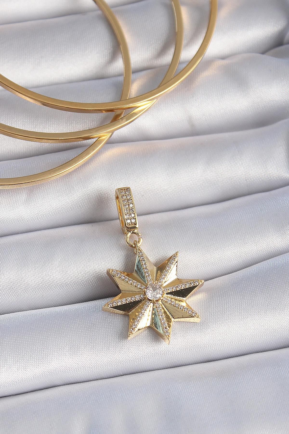 prativas Pirinç Gold Renk Zirkon Taşlı Kutup Yıldızı Ajda Charm