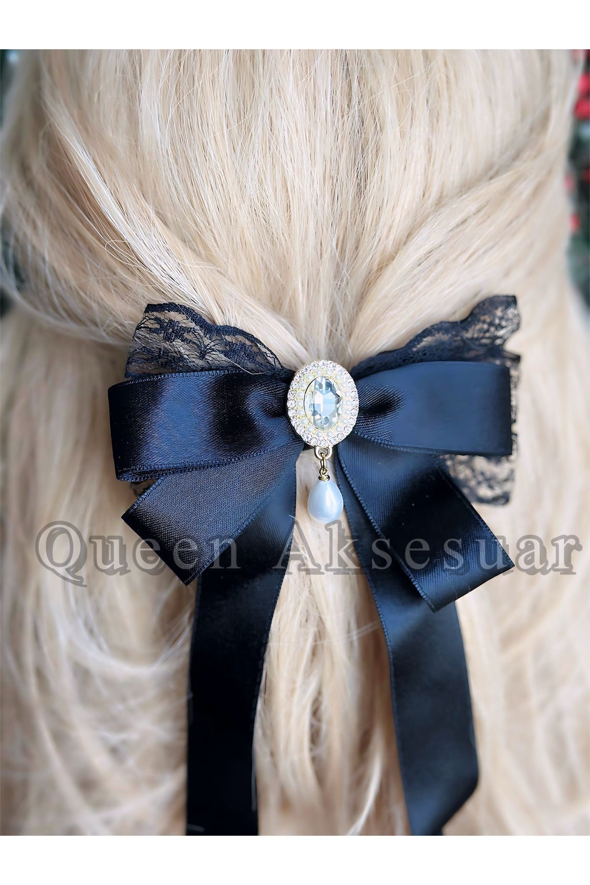 QUEEN AKSESUAR-Lace Satin with Pearl Stone Brooch Bow Pendant Ribbon Tail Buckle Automatic Clip Black 2