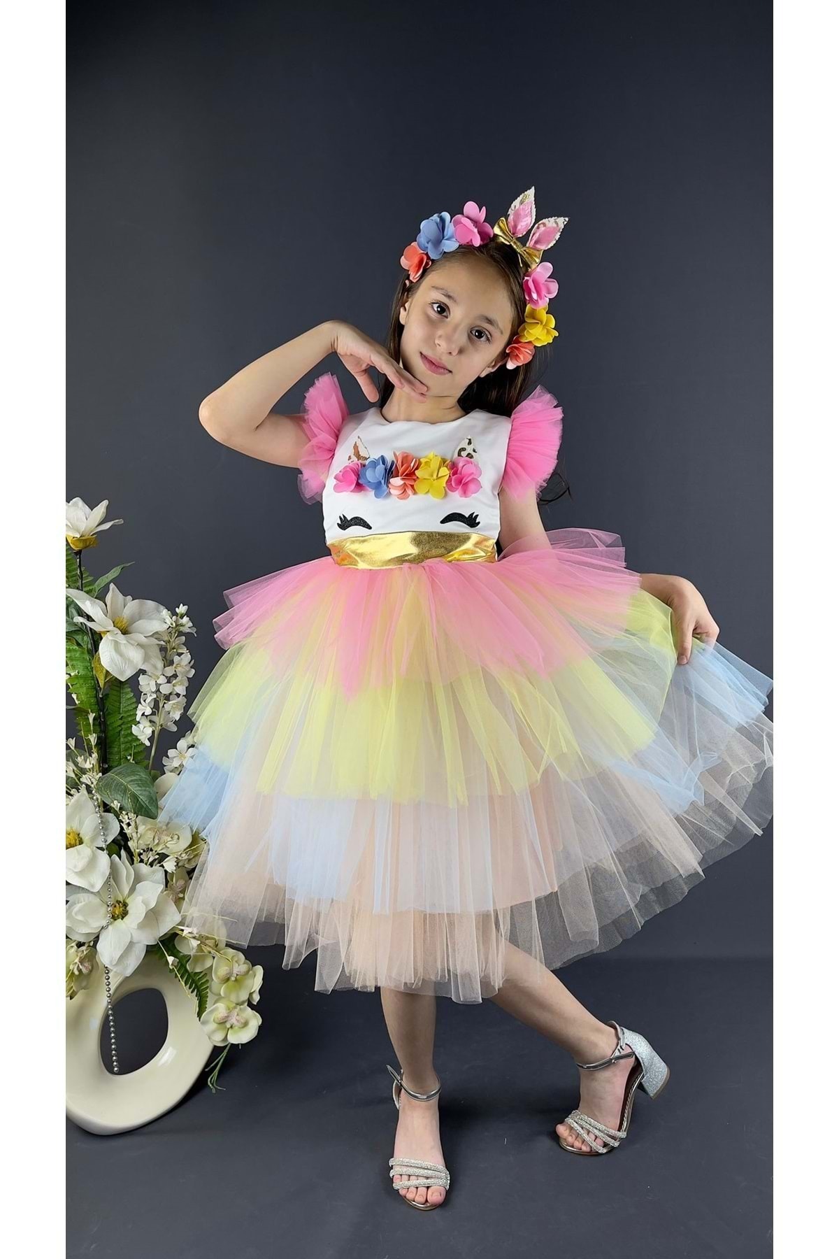 Mnk-Colorful Sequined Buckle Girl's Party Dress White 2